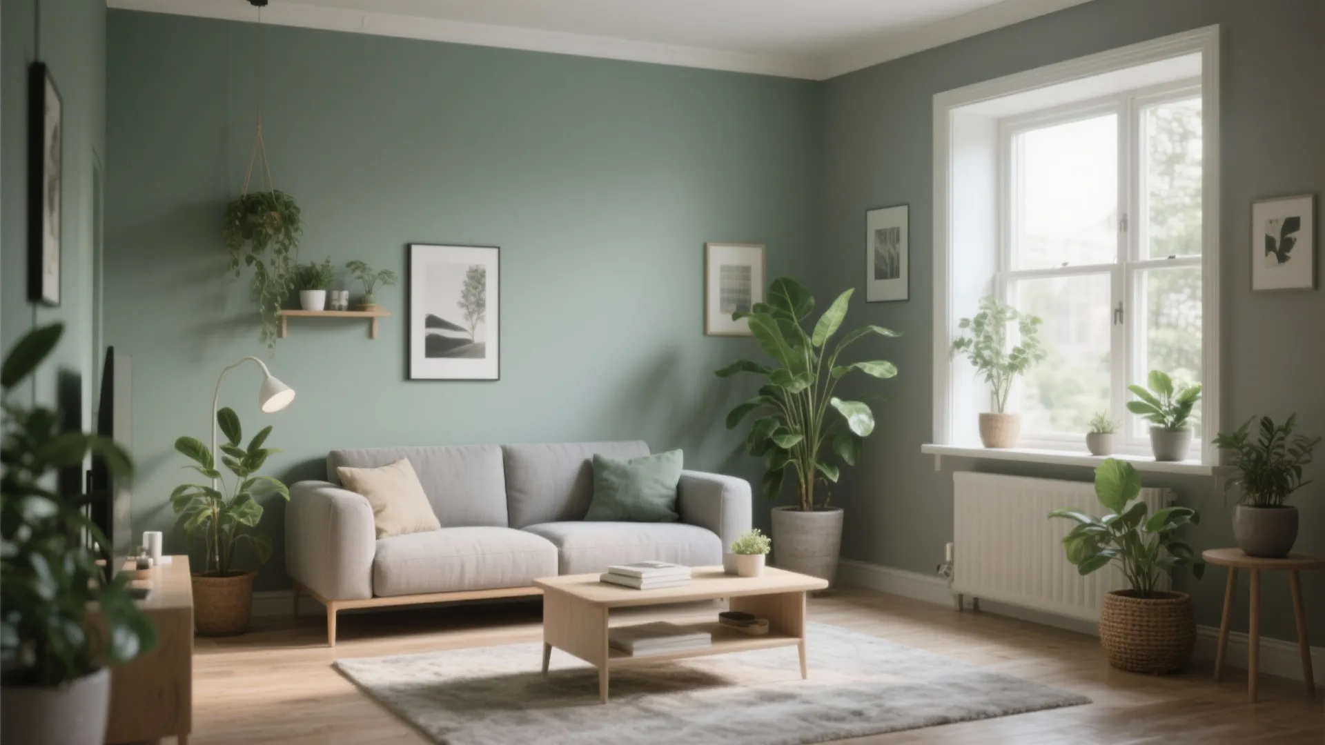 Living room with sage green walls featuring a grey sofa wooden coffee table and many plants