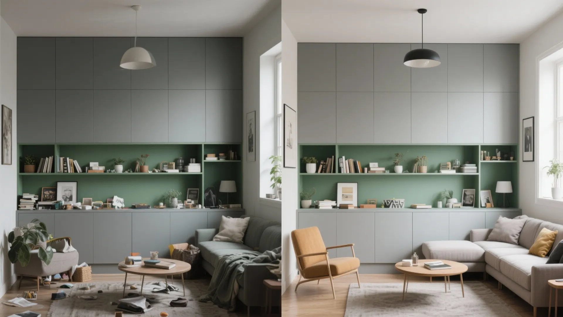 Before and after comparison of a messy living room versus a tidy grey and green space