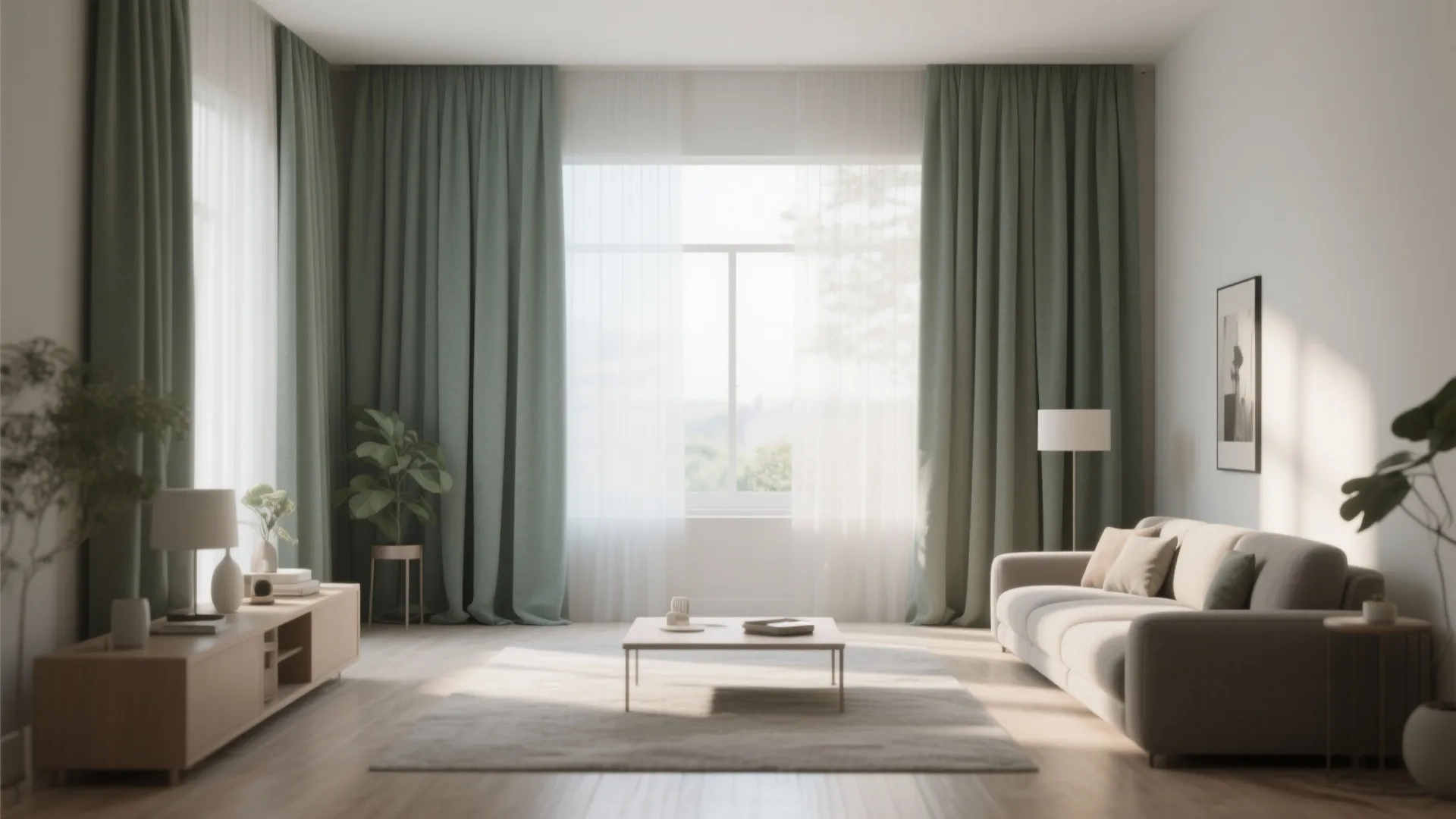 Bright living room with grey green curtains large window light wood floor and beige sofa
