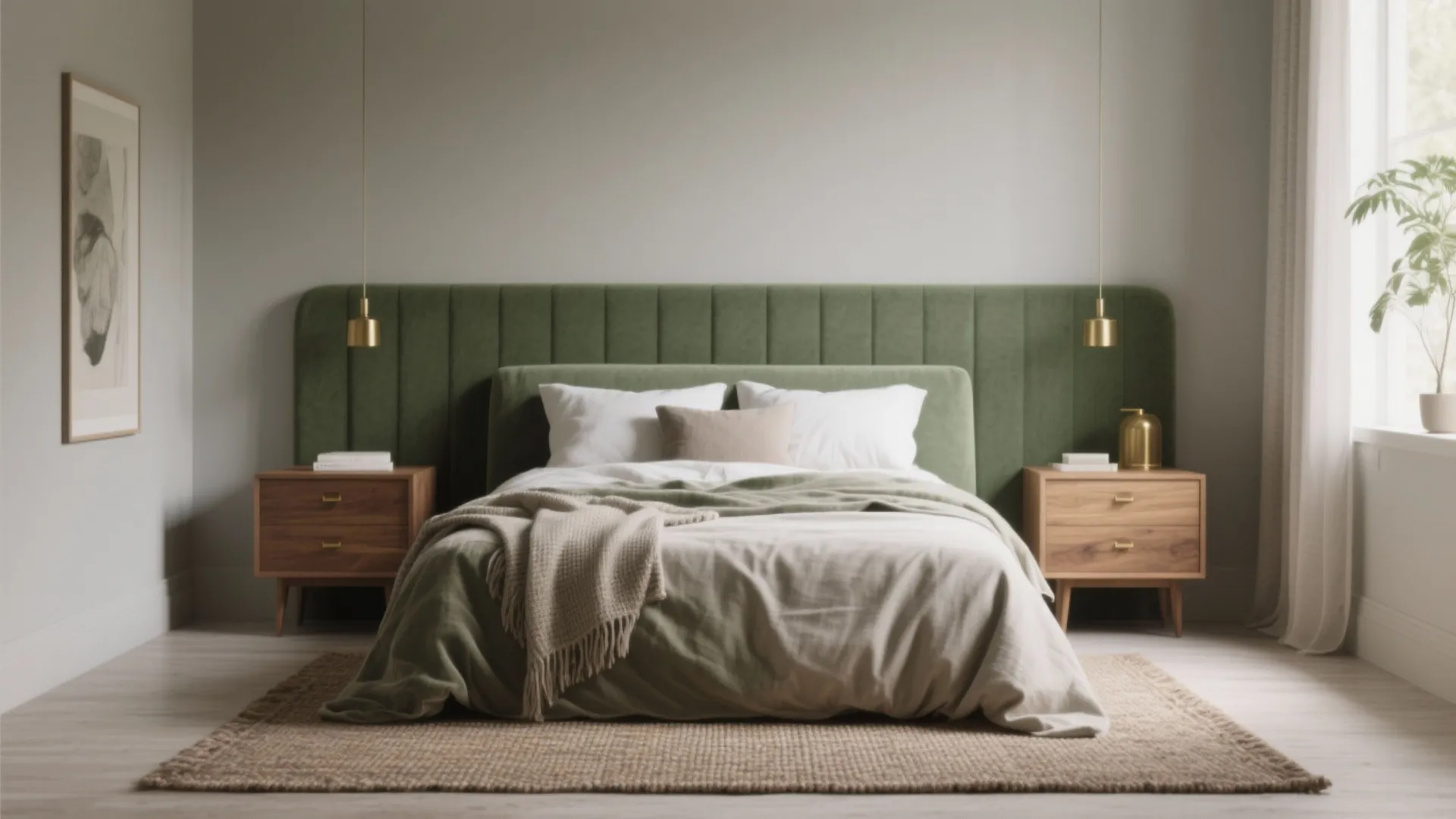 Modern bedroom featuring a green wall panel headboard with wooden bedside tables and natural light