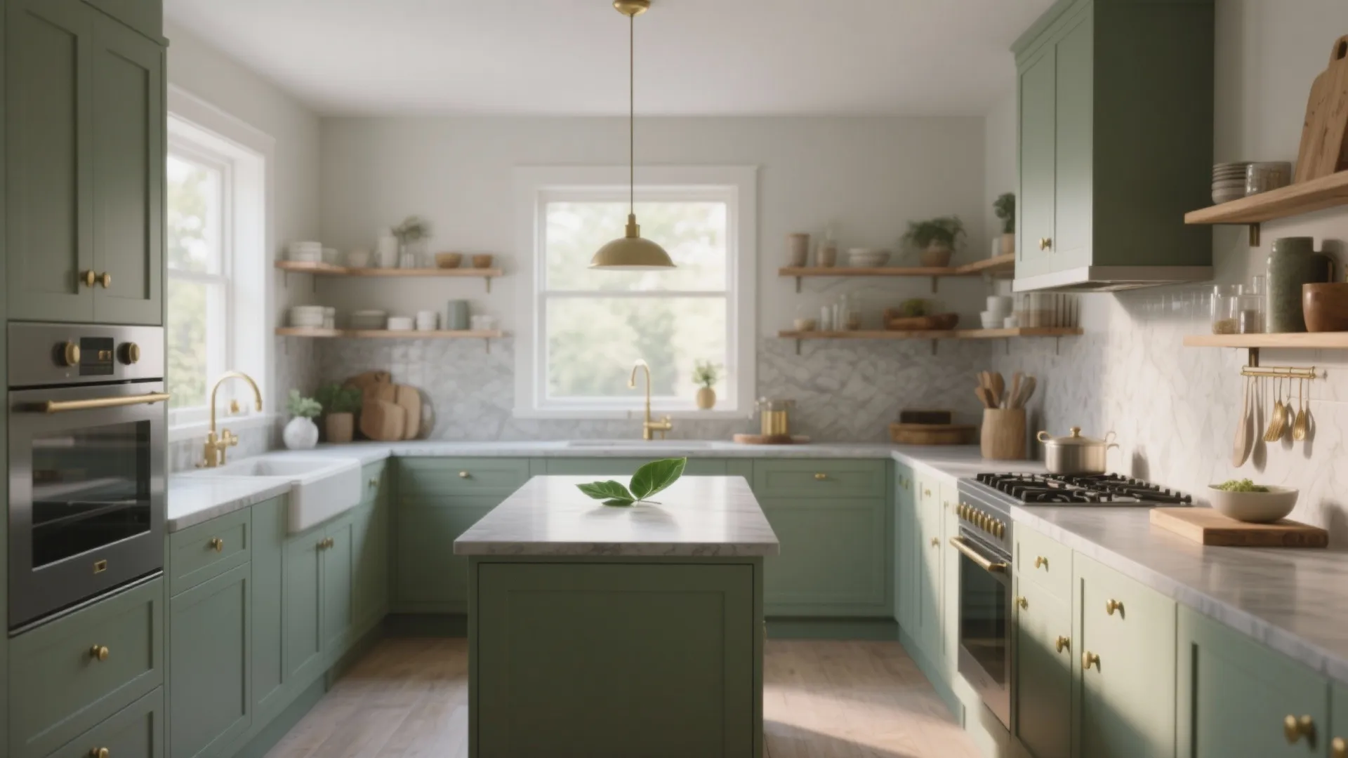 Spacious sage green kitchen with white marble island and gold light fixture plus wooden shelves