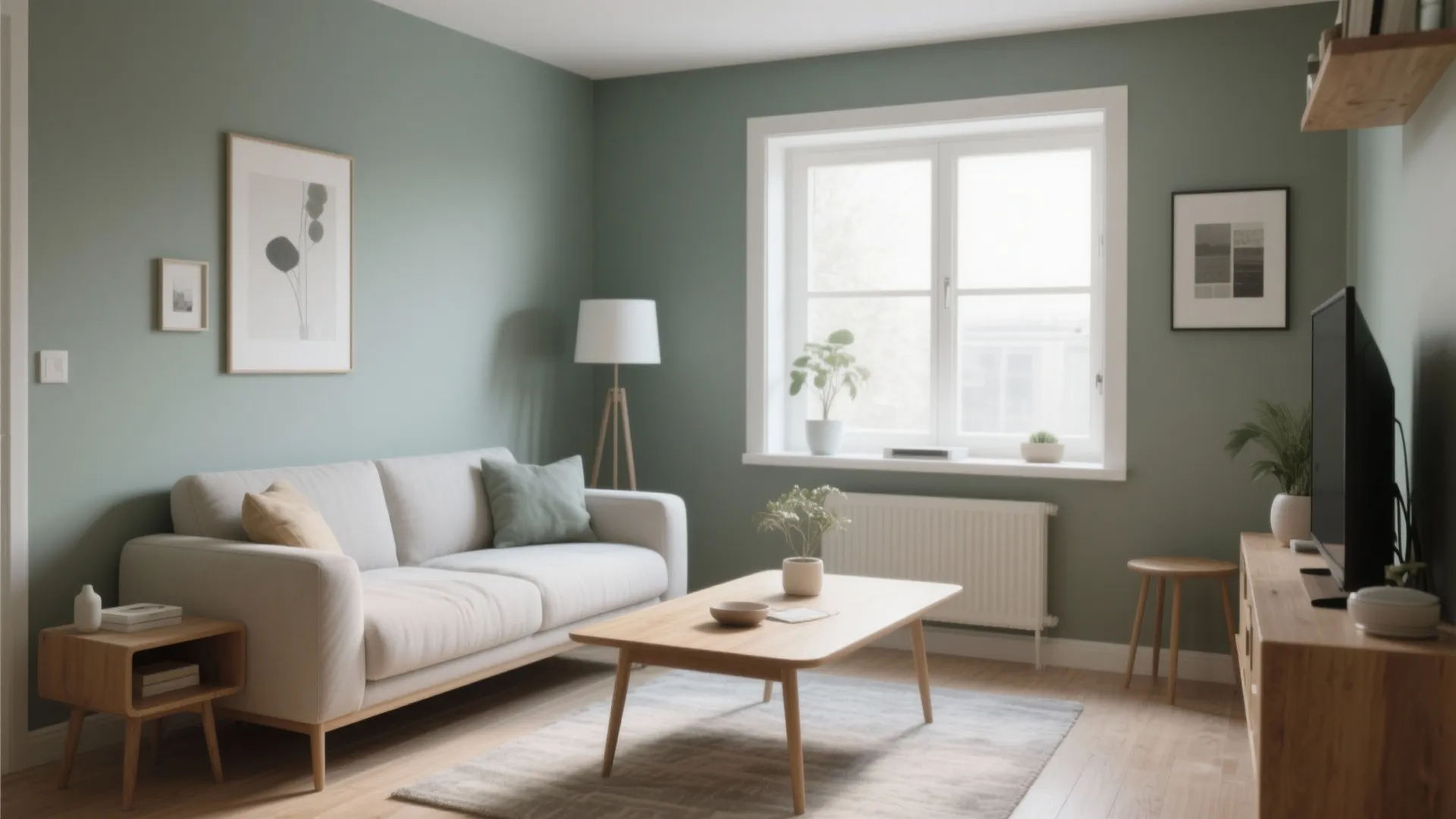 Modern living room with green walls light grey sofa wood coffee table and natural light