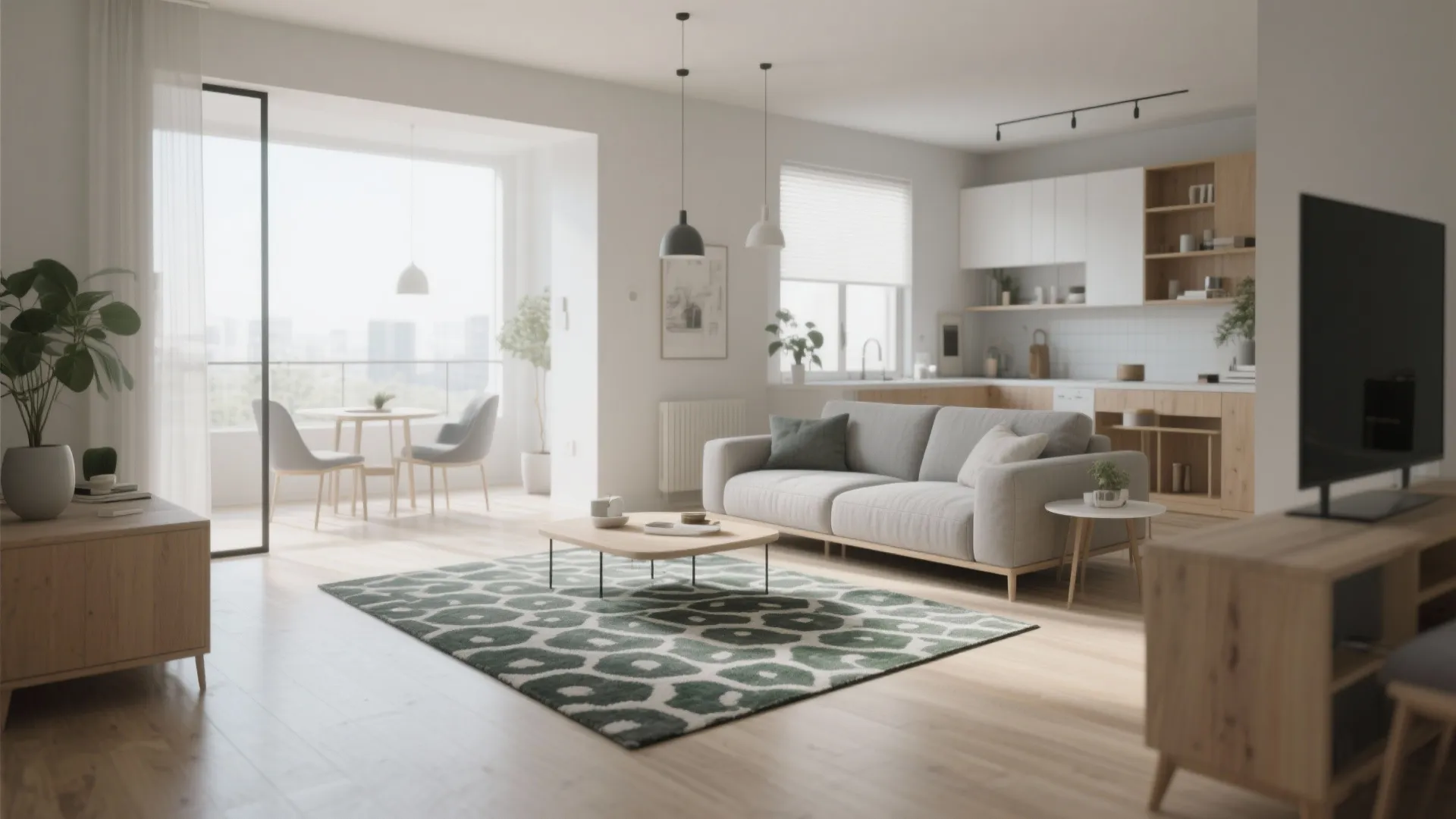 Modern living room featuring grey sofa green pattern rug wooden floor and open kitchen area design