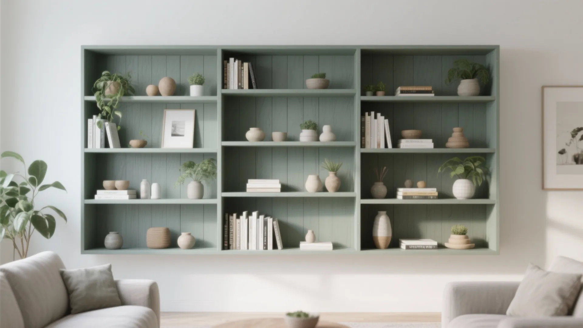 Green wall cabinet with multiple shelves holding books and decorative vases in a modern living room