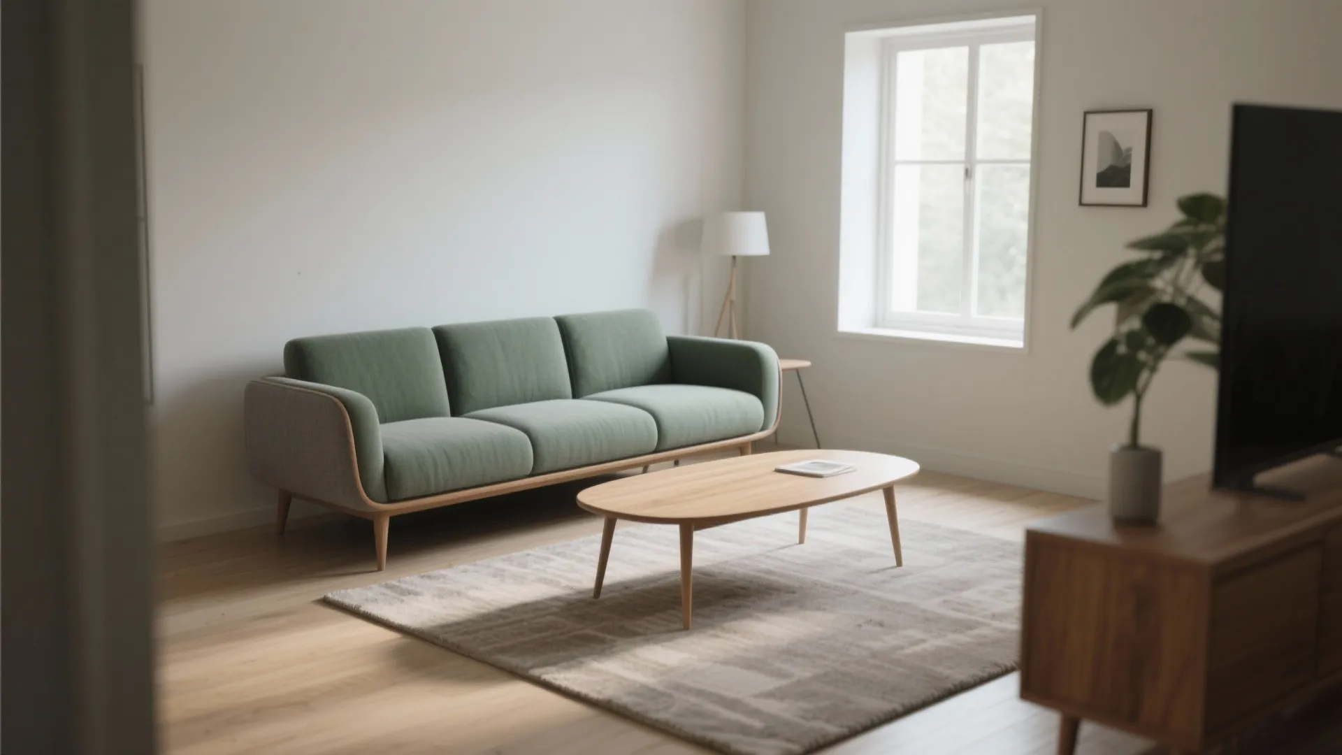 Minimalist living room featuring a green sofa wooden coffee table grey rug and white wall background