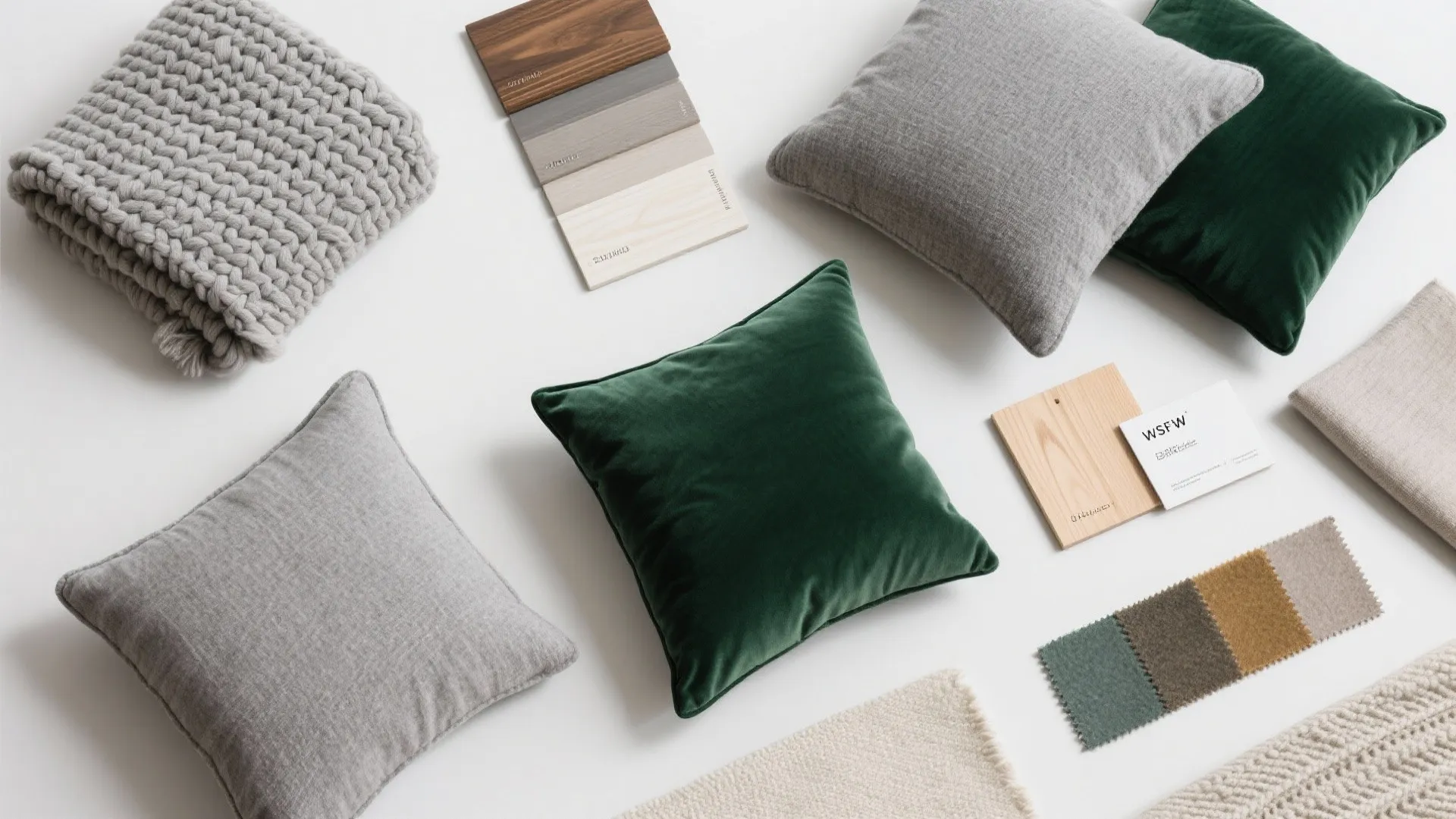 Interior design mood board with green velvet pillows grey cushions fabric swatches and wood material samples