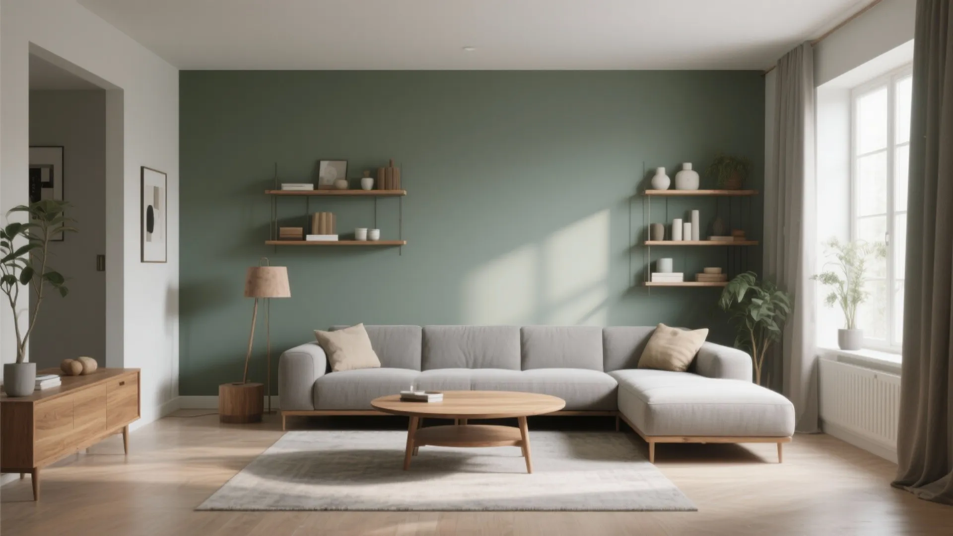 Minimalist living room with green wall grey sofa wooden coffee table and wall shelves with decor