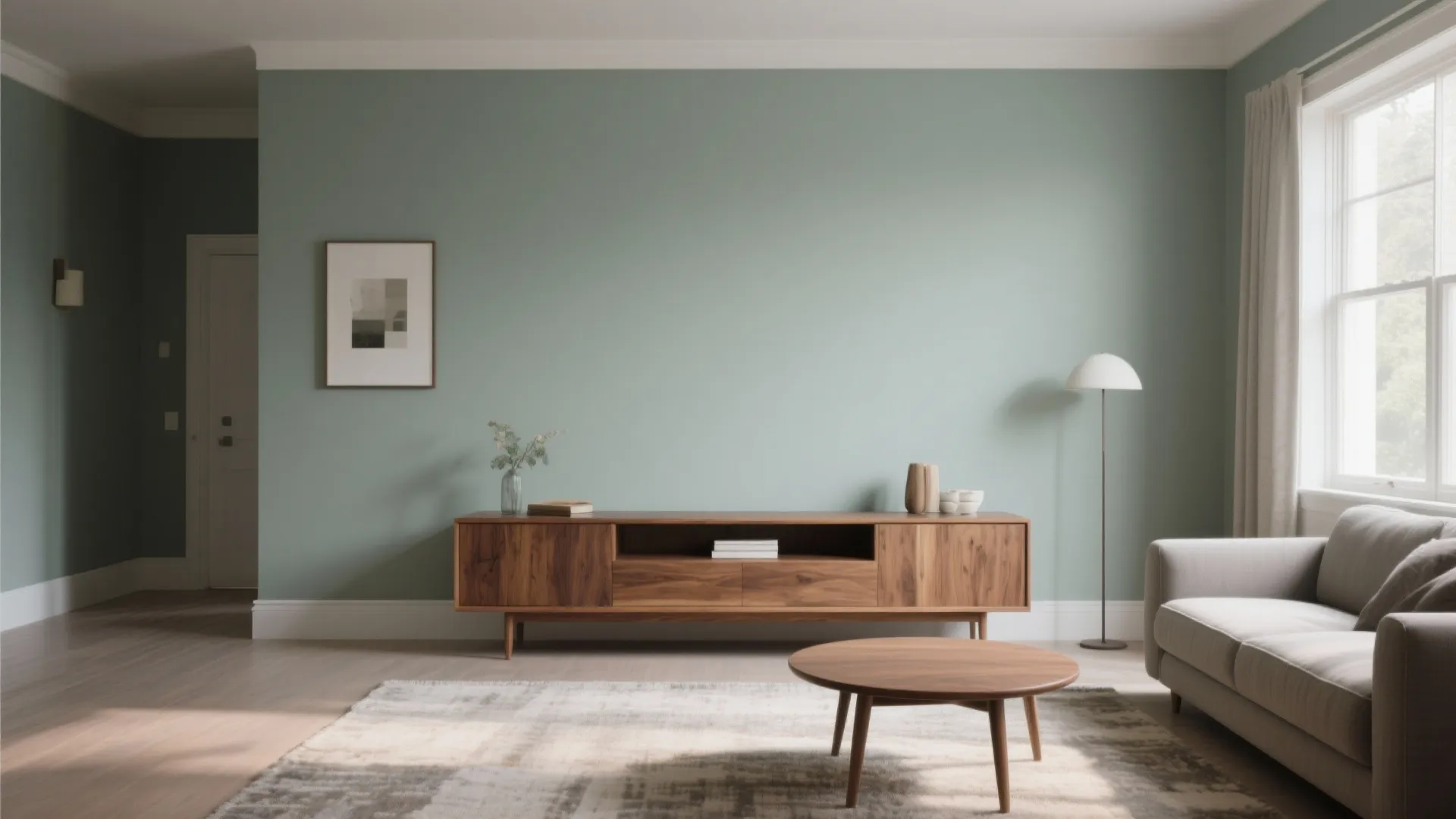 1. Soft Grey-Green Walls with Warm Wood Accents