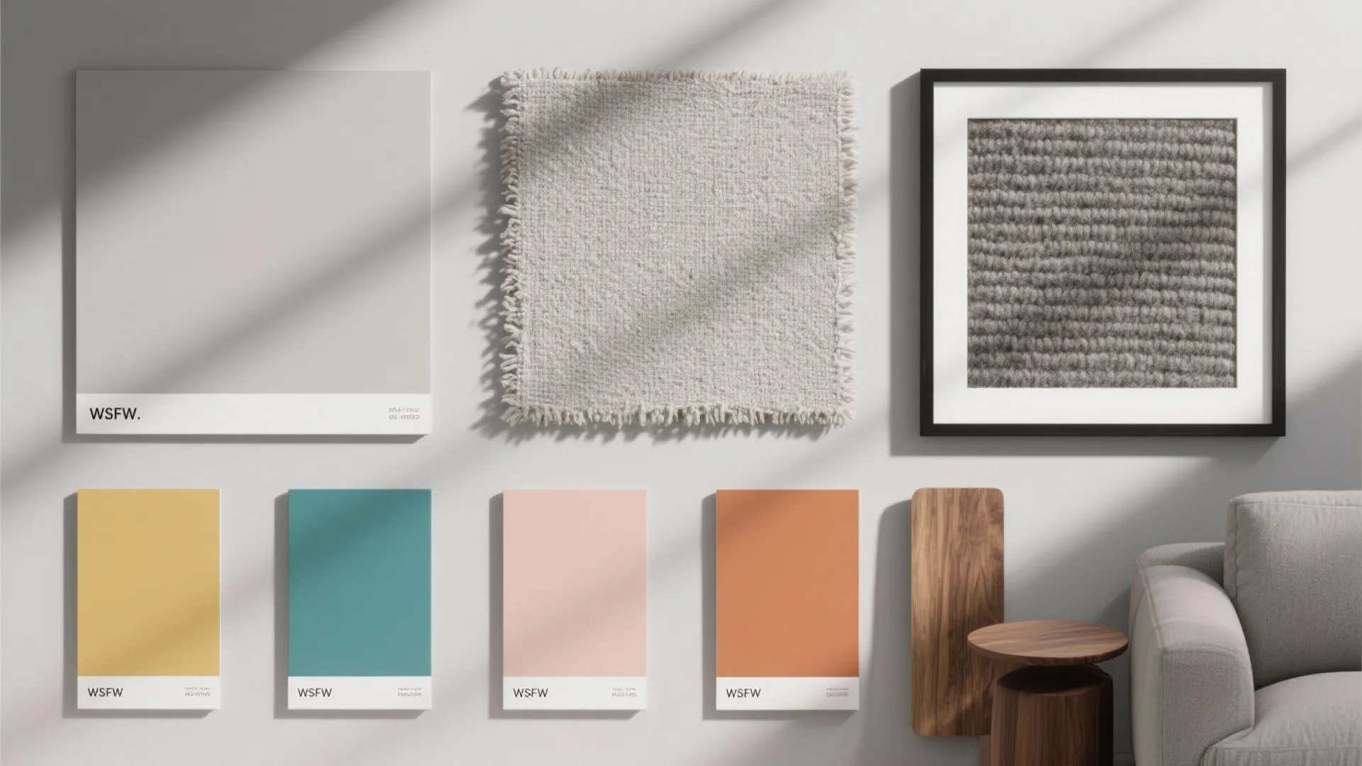 Interior design mood board with color swatches fabric samples wood texture and a framed photo