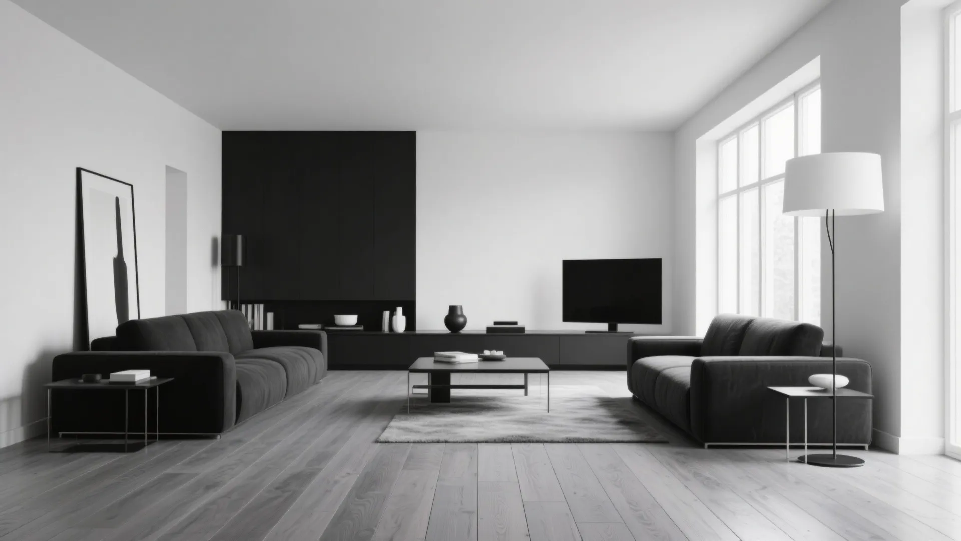 Modern monochrome living room with grey hardwood flooring