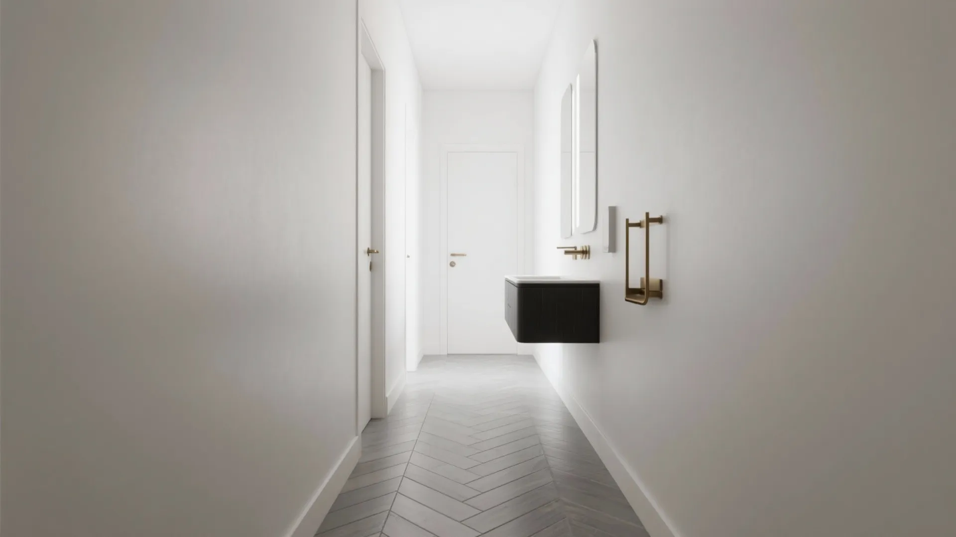 Narrow bathroom with light-grey herringbone plank tile floor making the space feel wider.