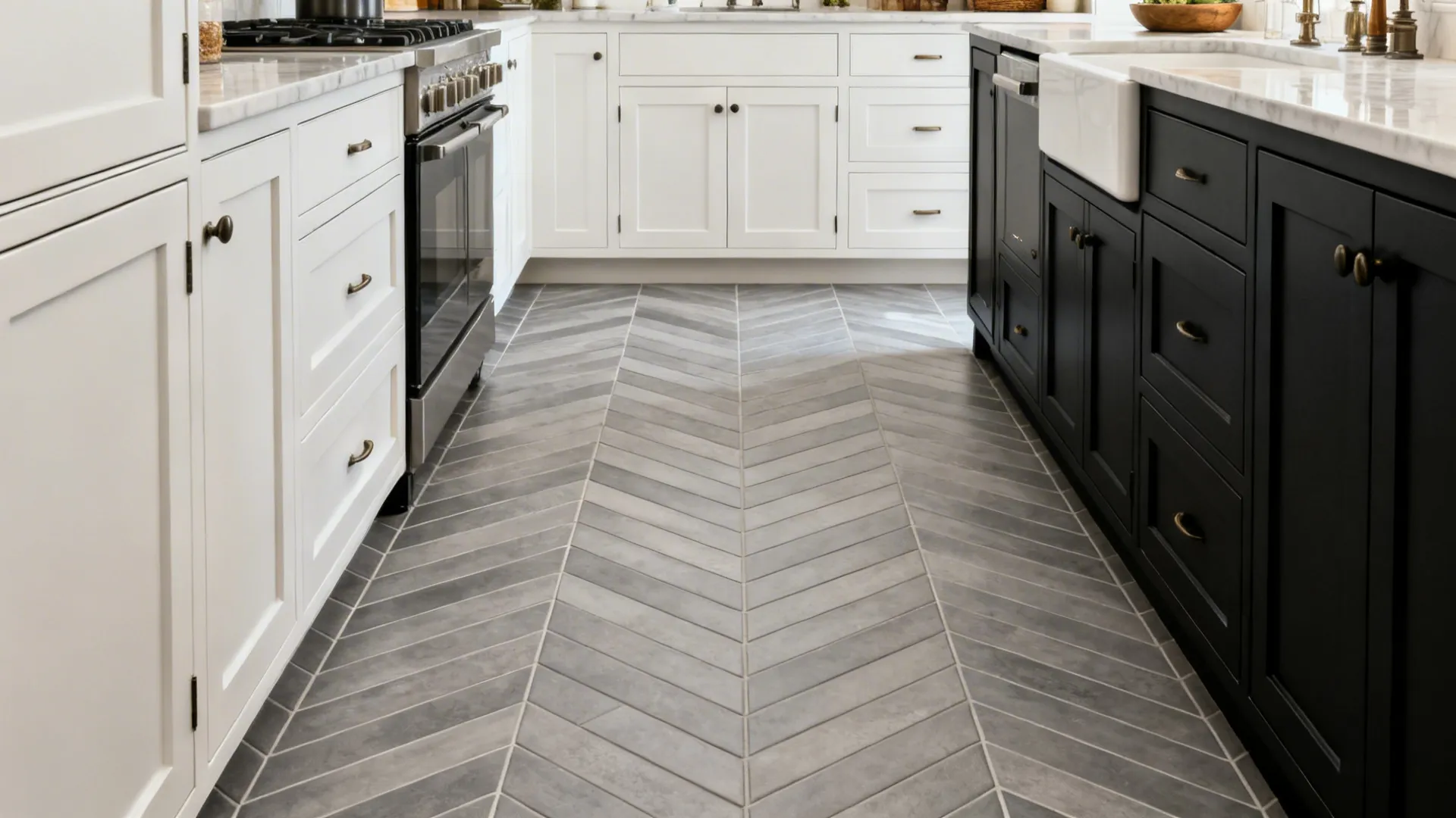 Compact galley kitchen with slim grey tiles in a herringbone pattern.