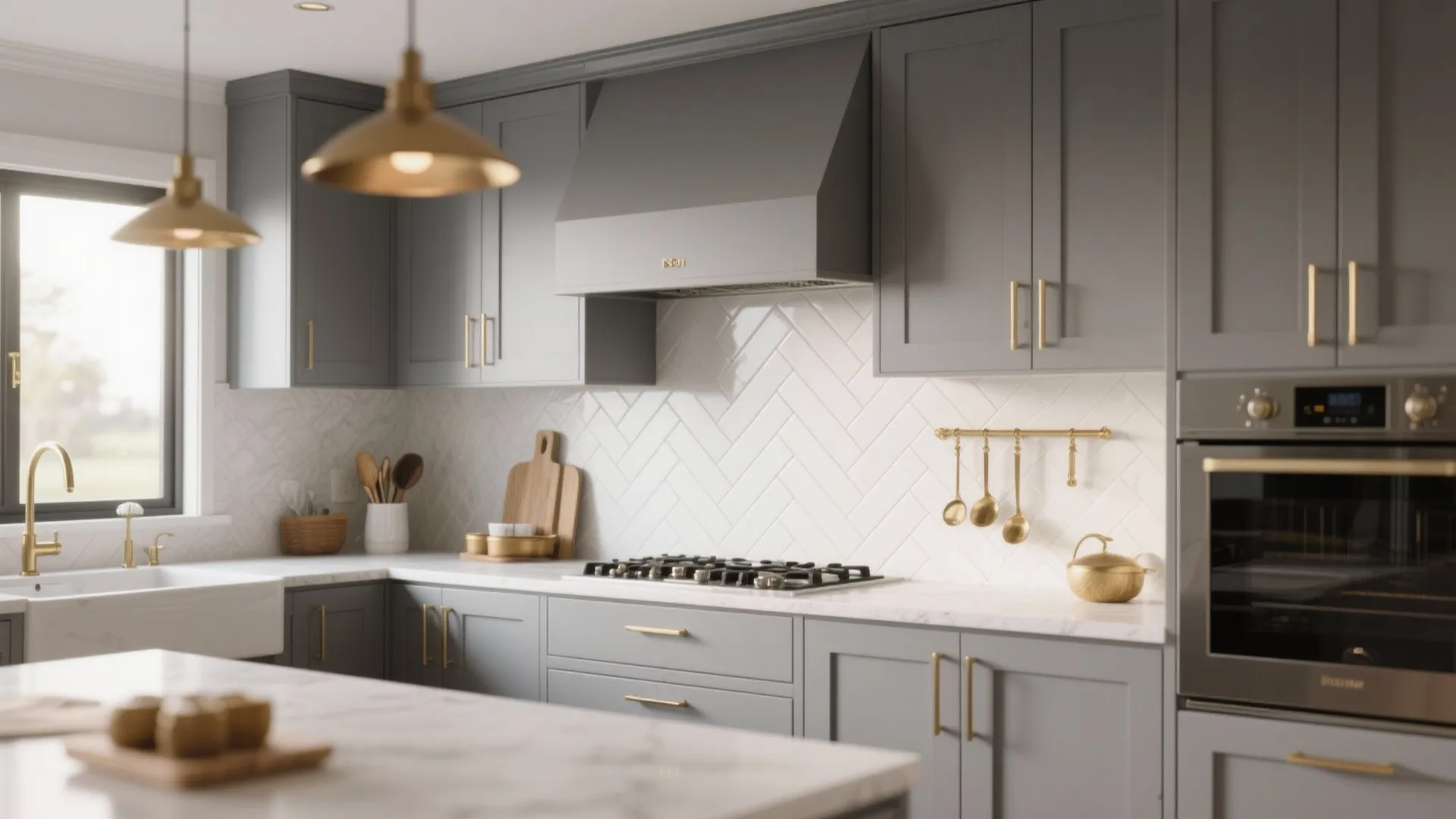 Modern kitchen with grey cabinets white tile wall gold ceiling light and a silver oven