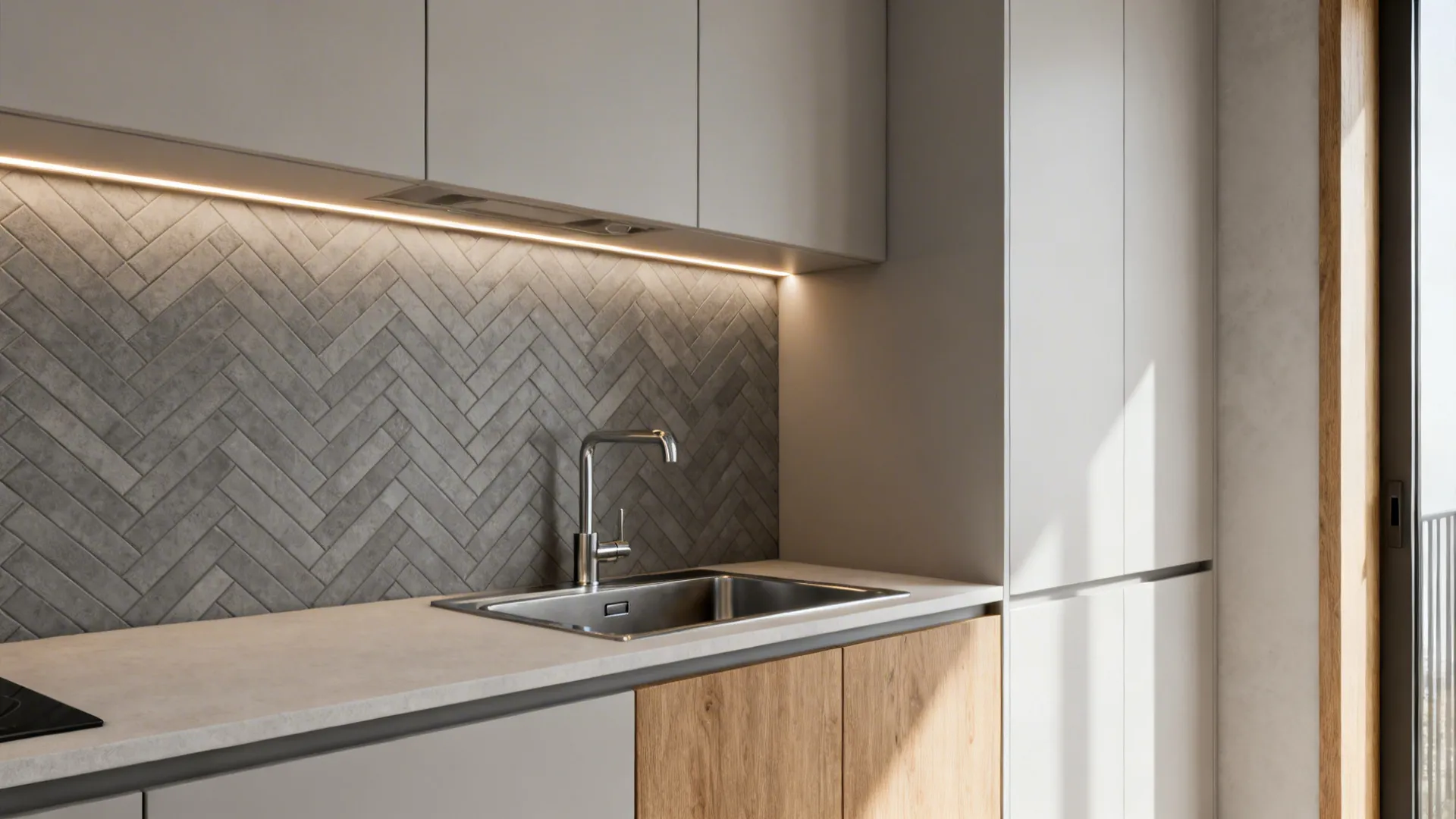 Studio kitchenette with a calm grey herringbone backsplash in mixed light and mid greys.