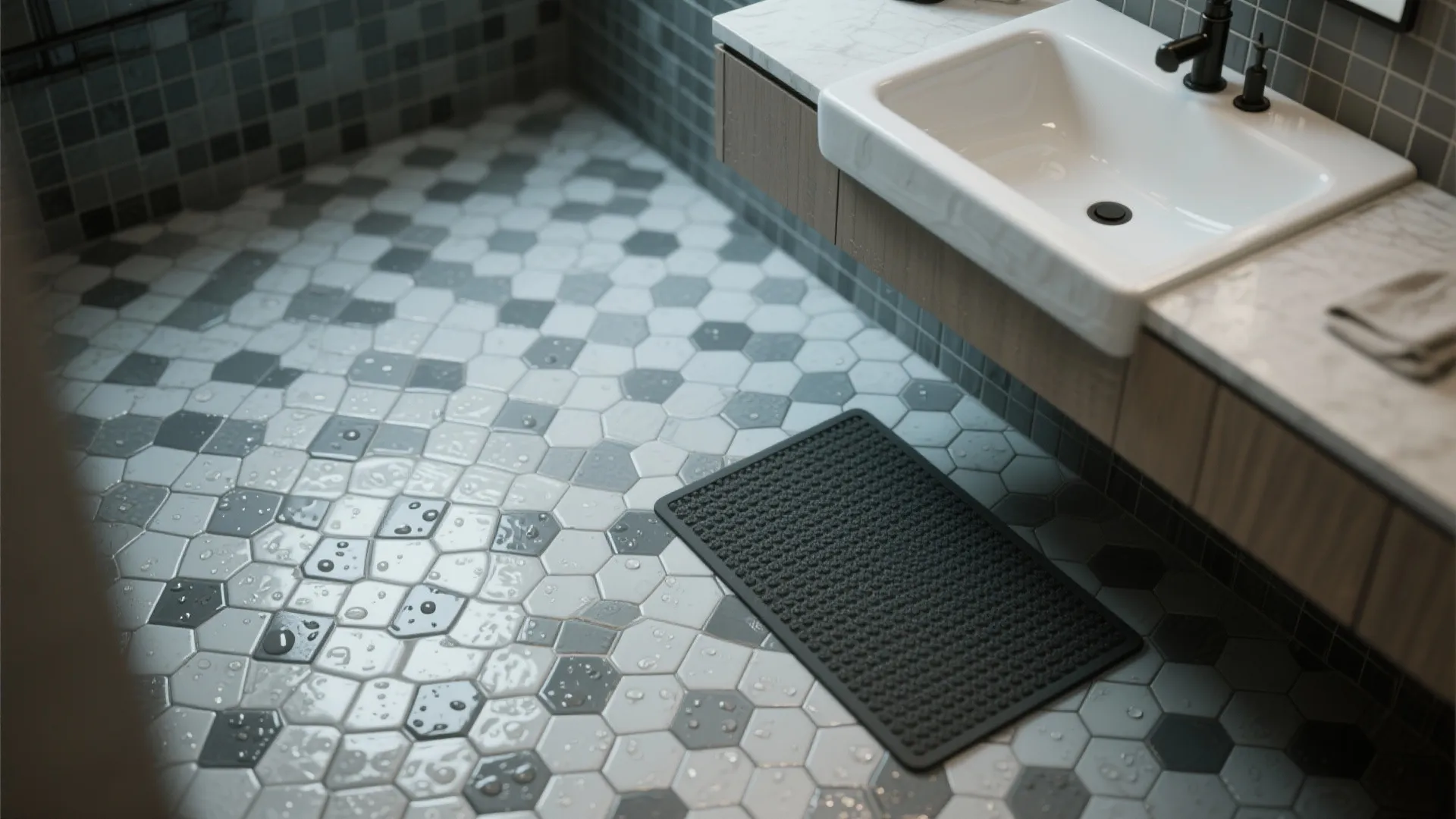 Bathroom floor with grey and white hexagon tiles, black mat, white sink, and wooden cabinet