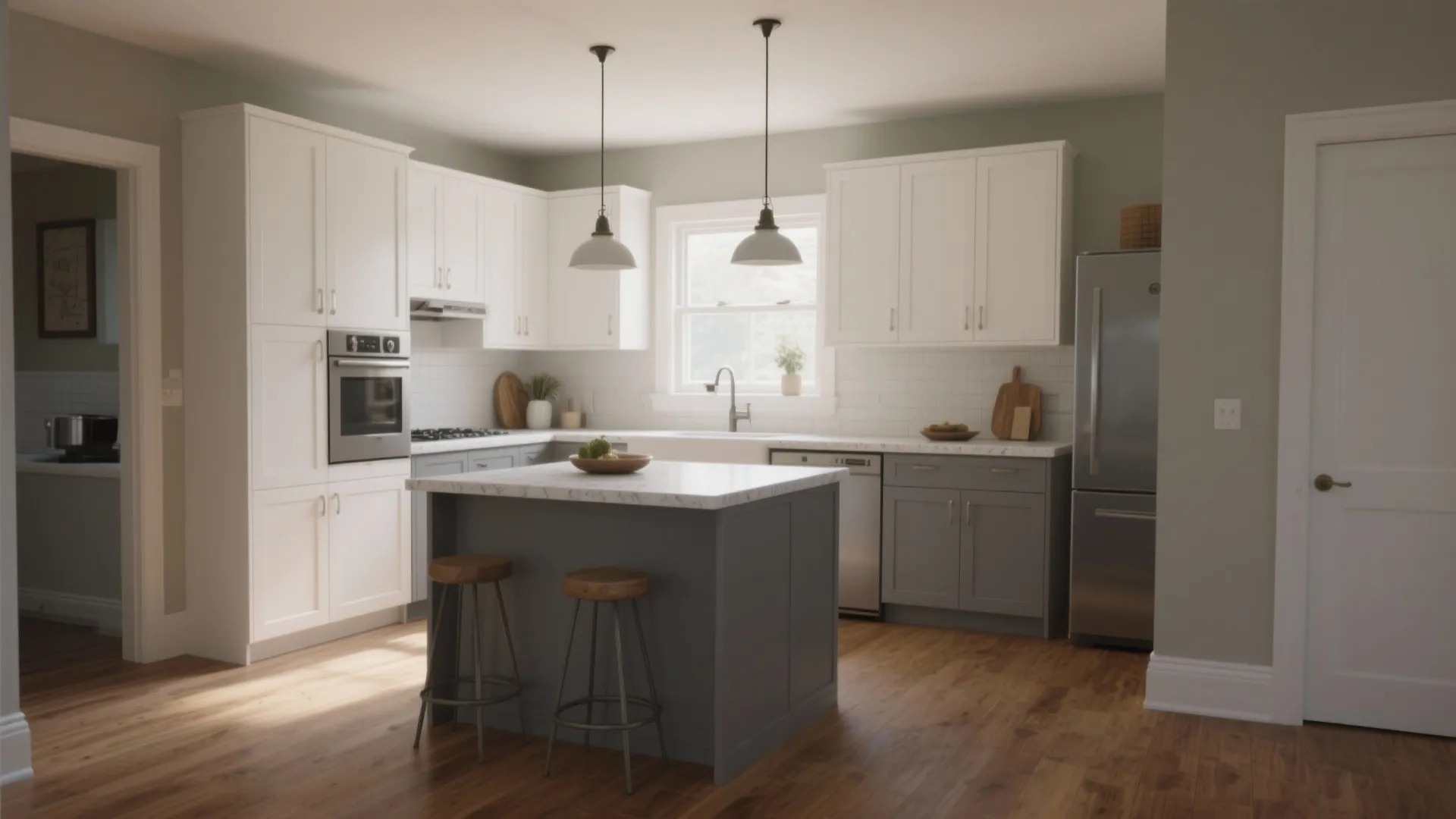 Modern kitchen with white cabinets grey island wooden floor hanging ceiling lights and stainless steel fridge