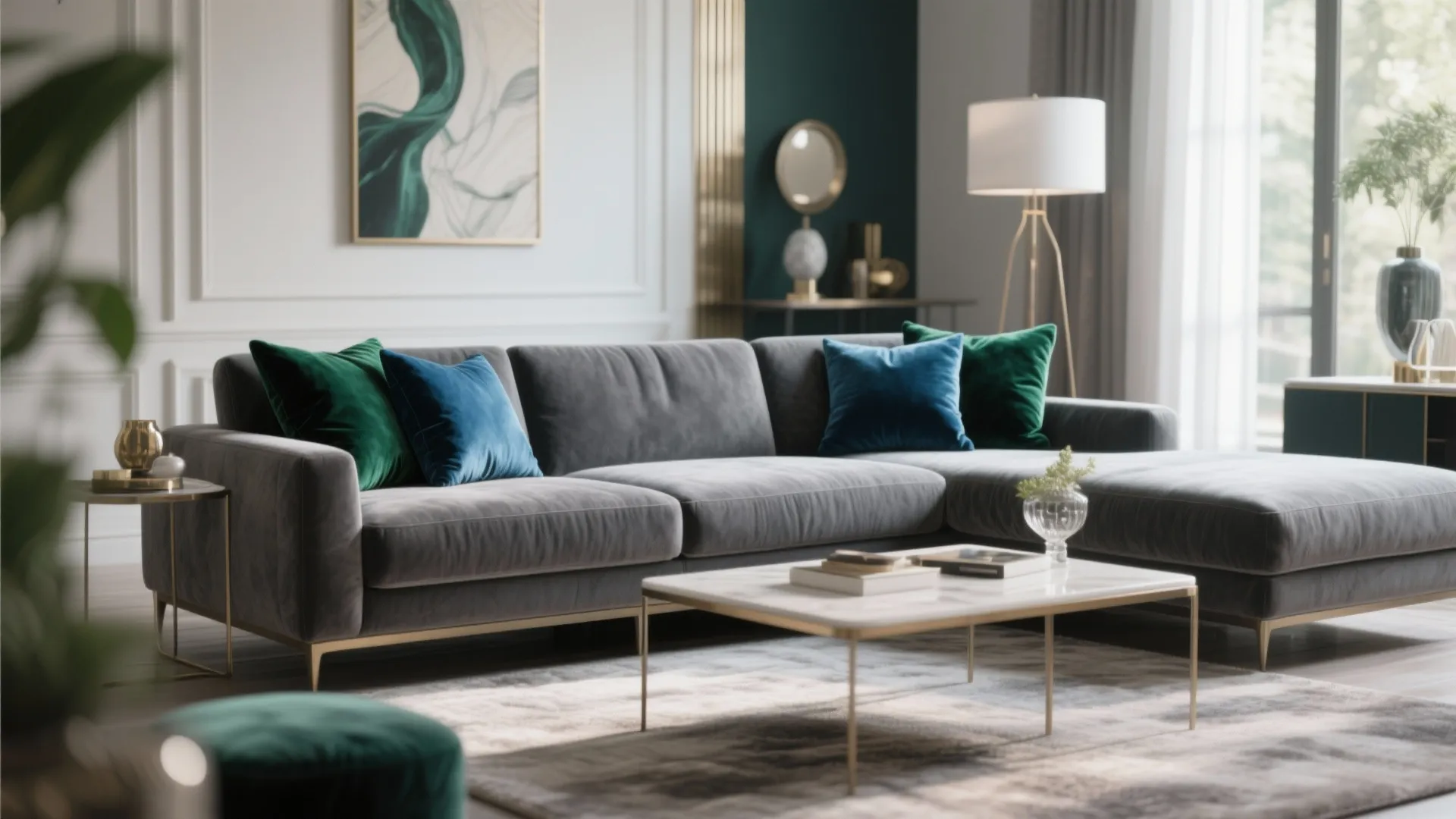 Dark grey sofa with emerald and sapphire accent cushions