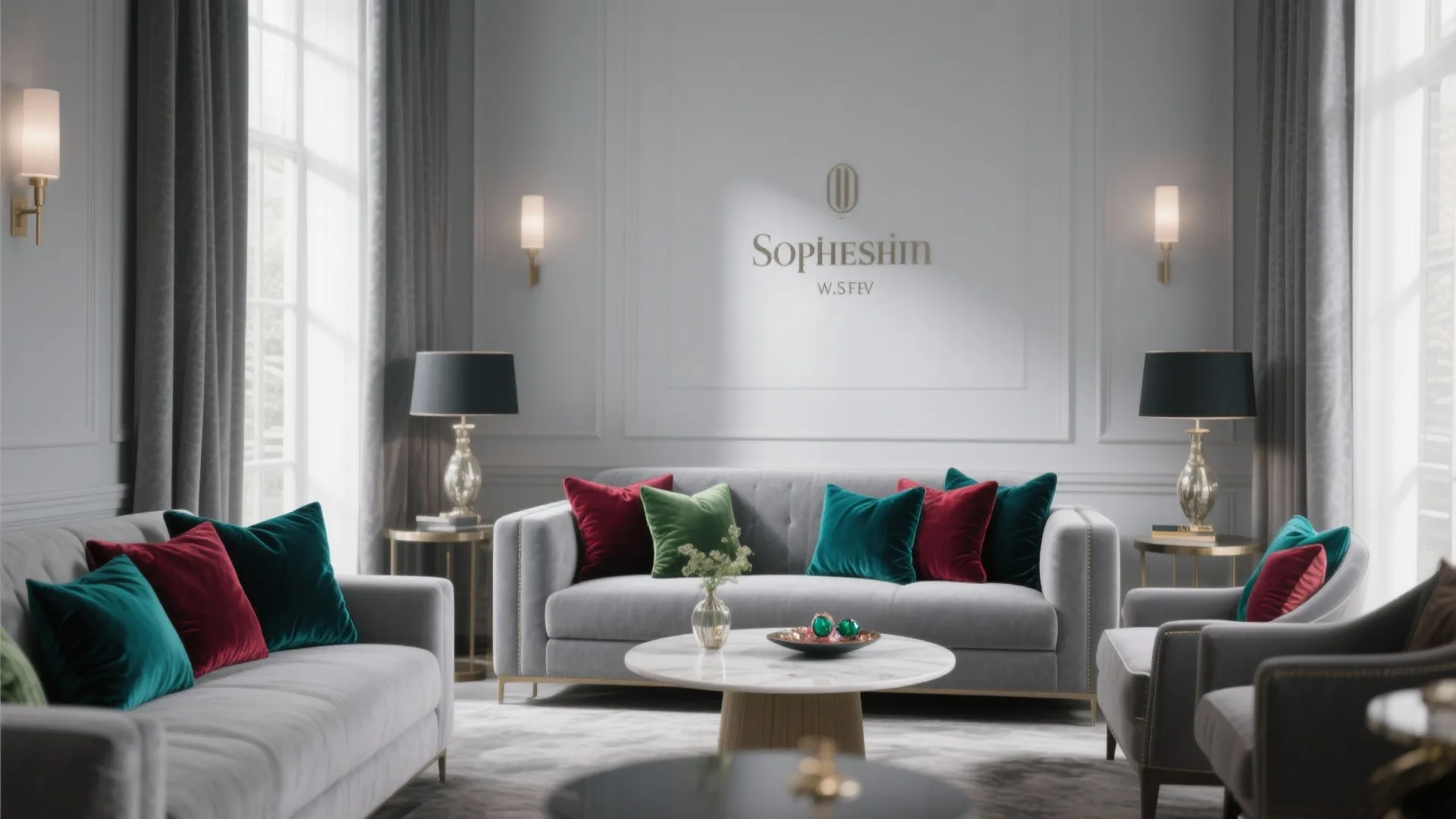 Grey living room with vibrant jewel-tone accent pillows