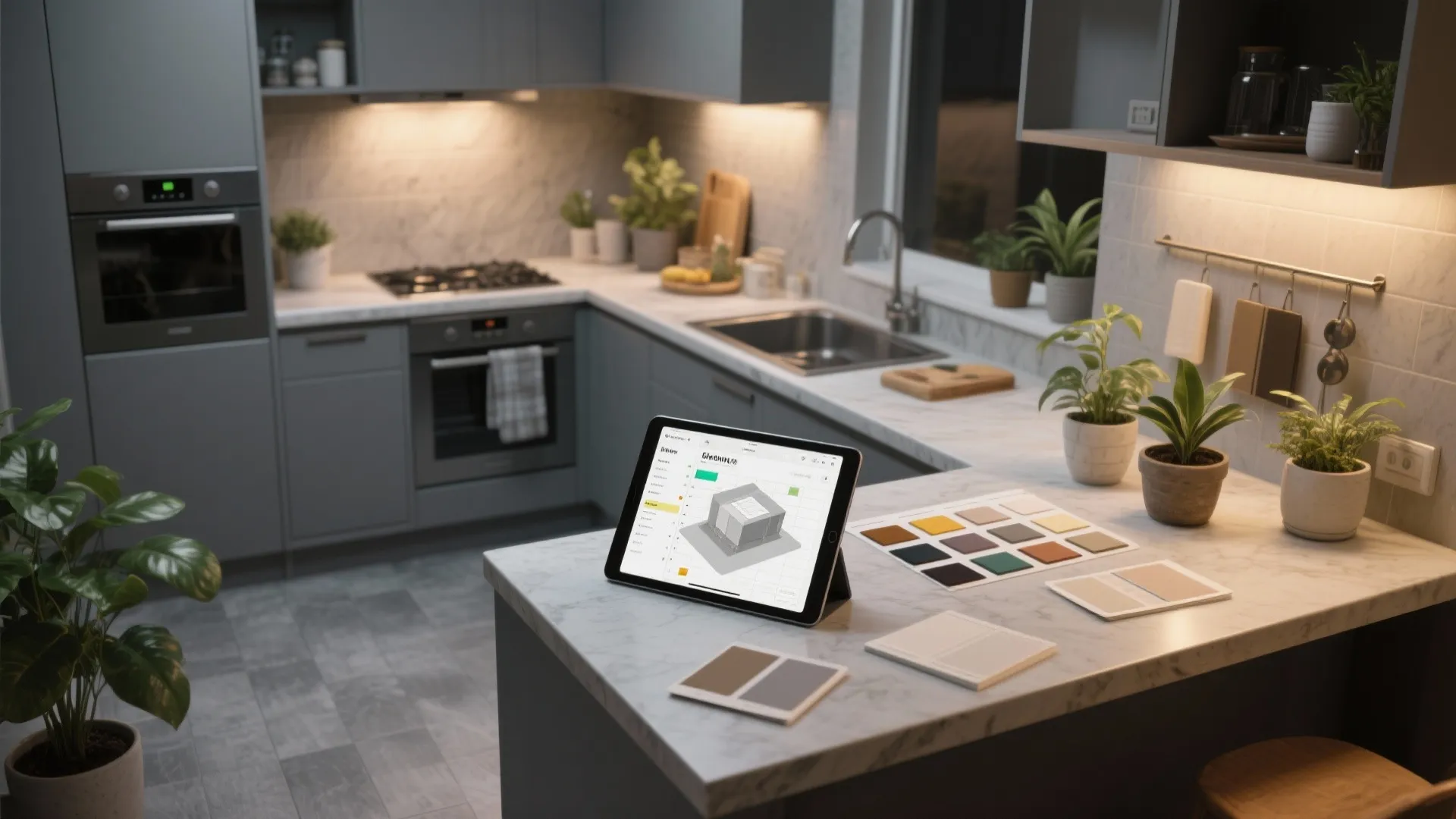 Interior design drawing of a grey kitchen on a tablet with various color swatch cards