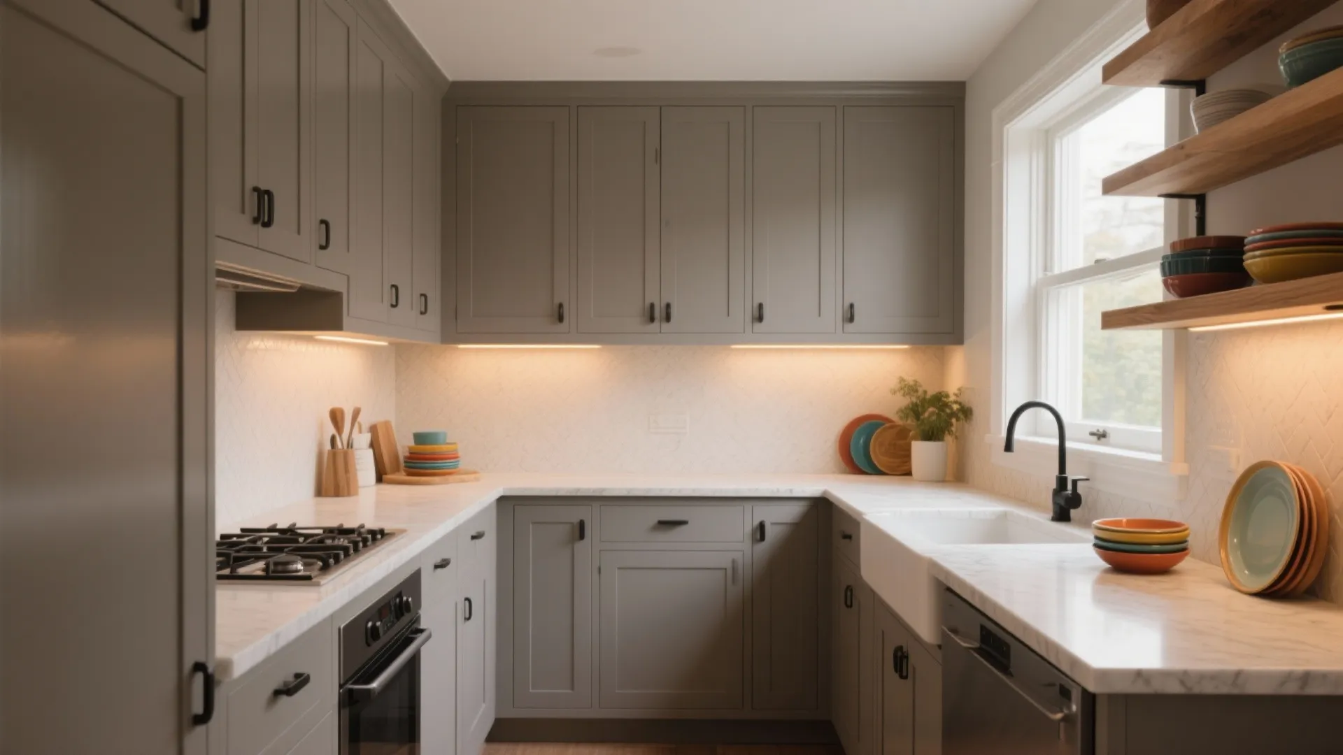 Modern grey kitchen with white marble countertops wooden shelves black sink faucet and warm lighting