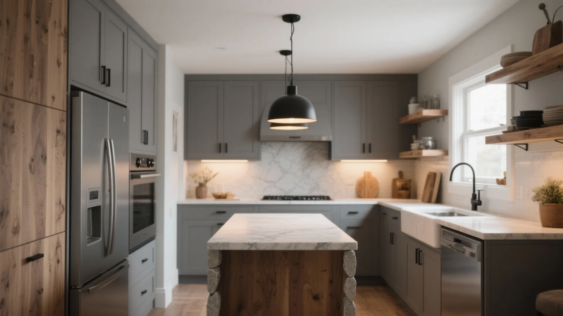 Modern grey kitchen with marble island wooden cabinets black ceiling light and stainless steel fridge
