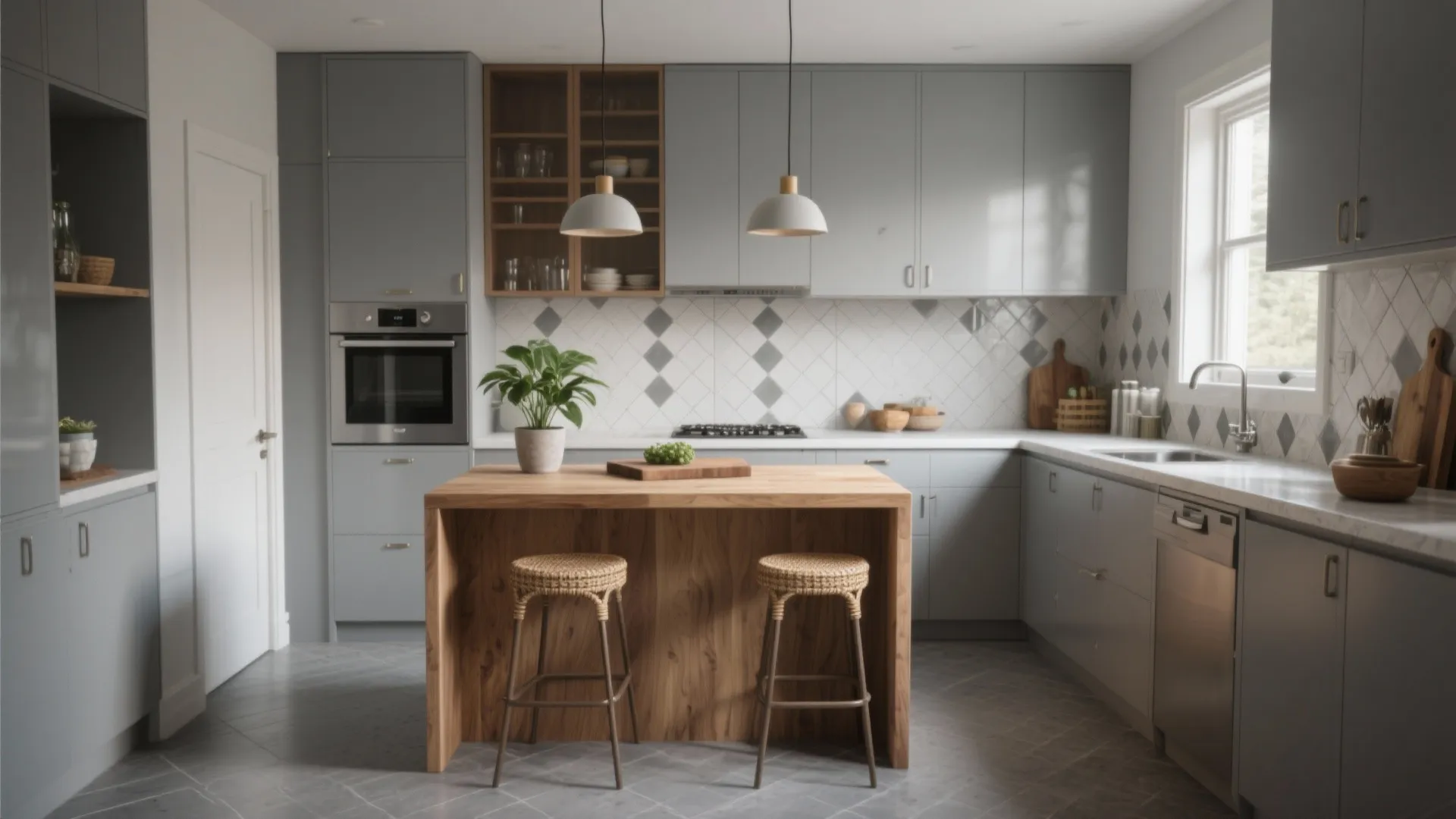 Modern grey kitchen with wooden island two stools white hanging lights and grey floor tiles