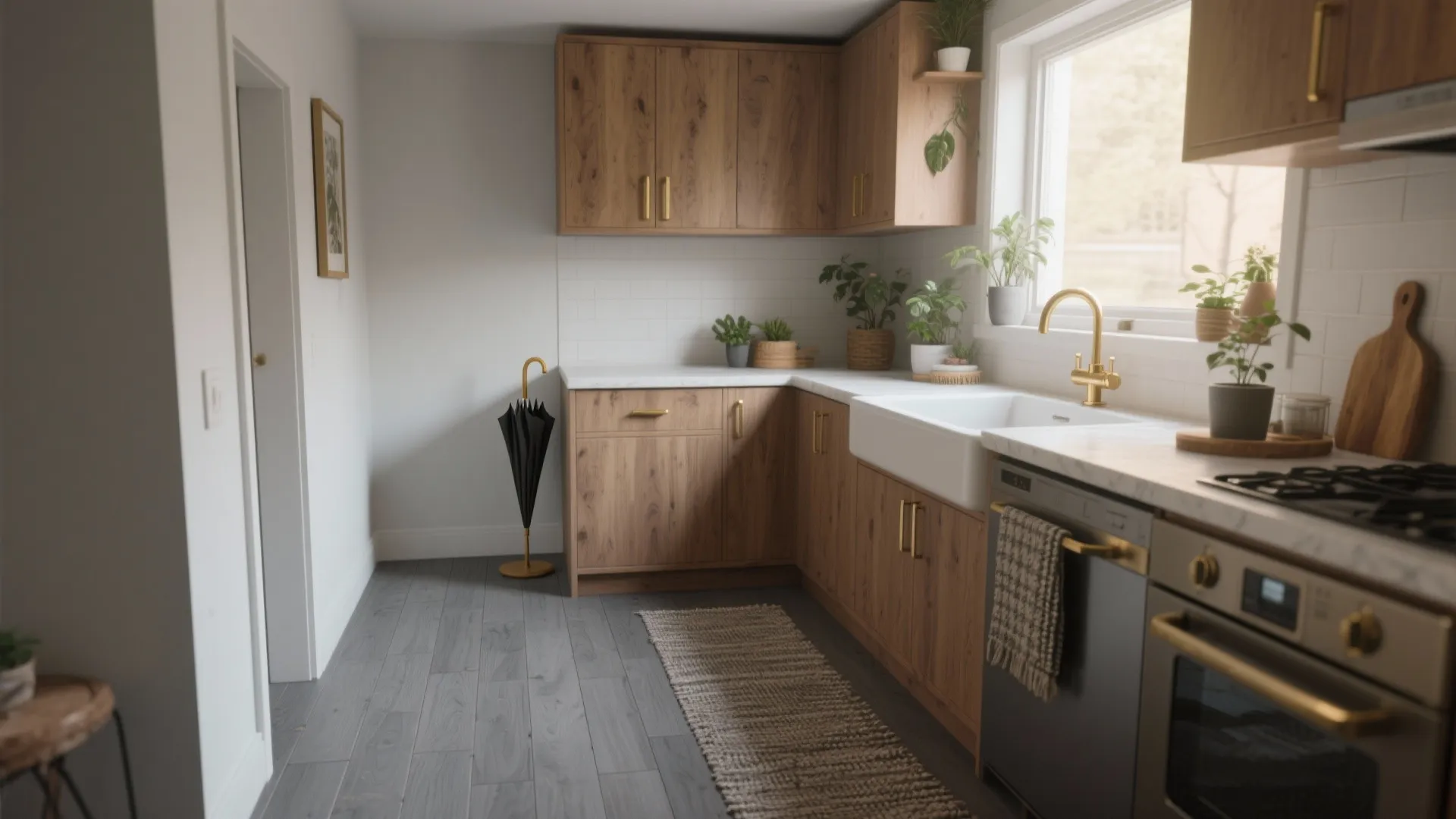 Modern kitchen with wood cabinets gold faucet white sink grey flooring and small green potted plants