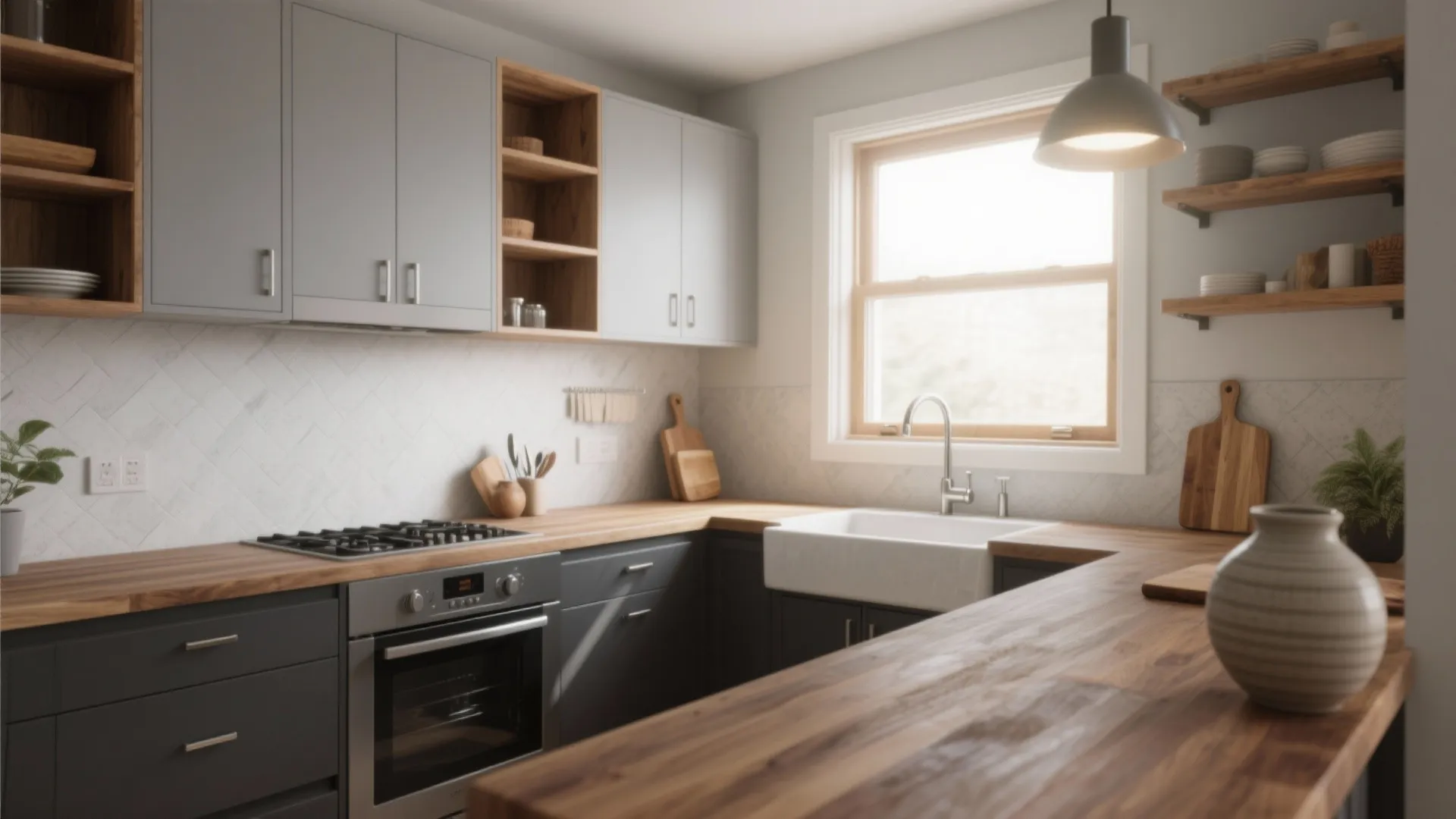 Modern kitchen with grey cabinets wood countertops white sink large window and hanging ceiling light