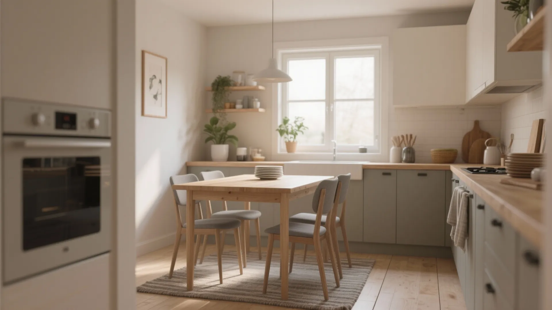 Modern kitchen with wooden dining table grey cabinets white window and bright natural sunlight coming