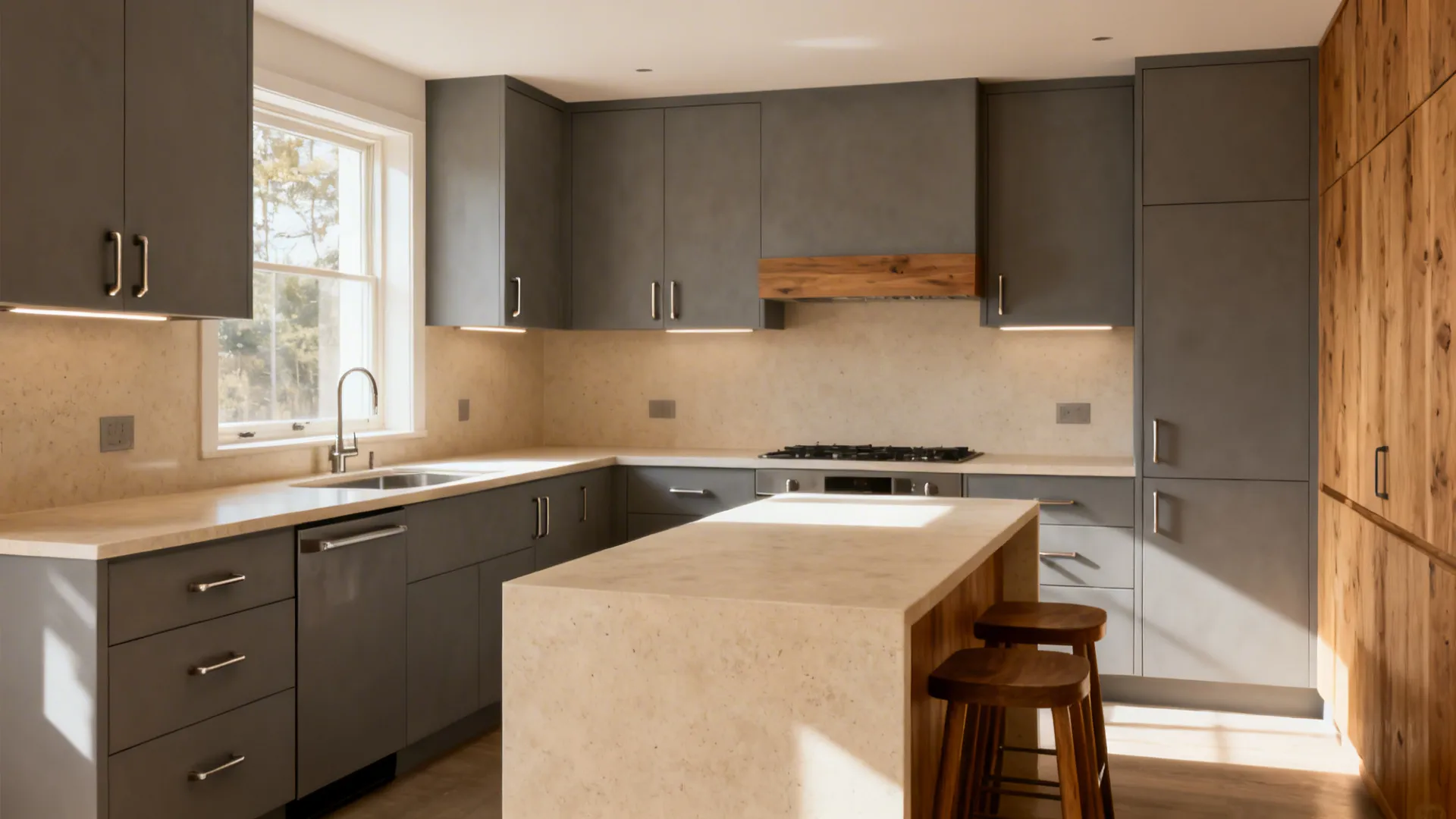 Modern kitchen with grey cabinets wooden accents large island two stools and bright natural sunlight