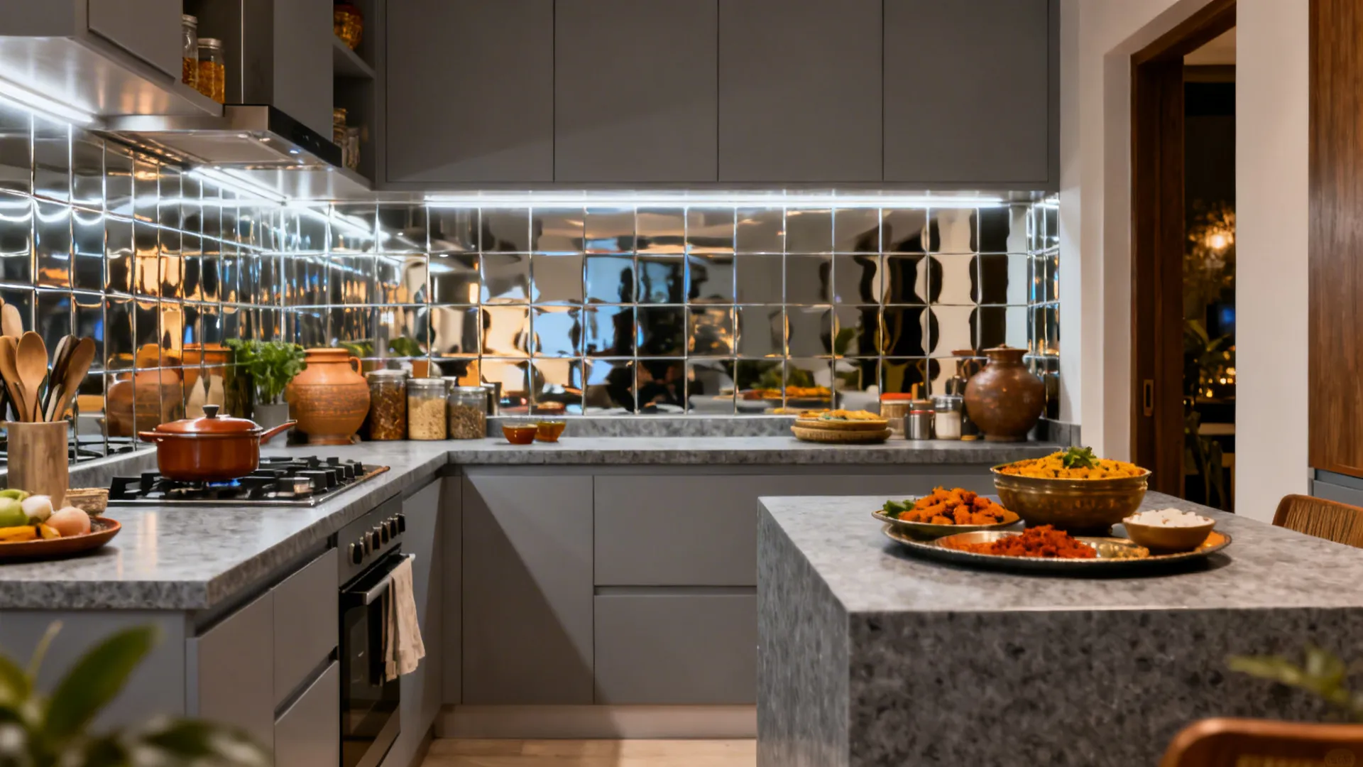 Compact Indian kitchen with grey counters, warm lighting, and a reflective backsplash for a calm spacious feel.