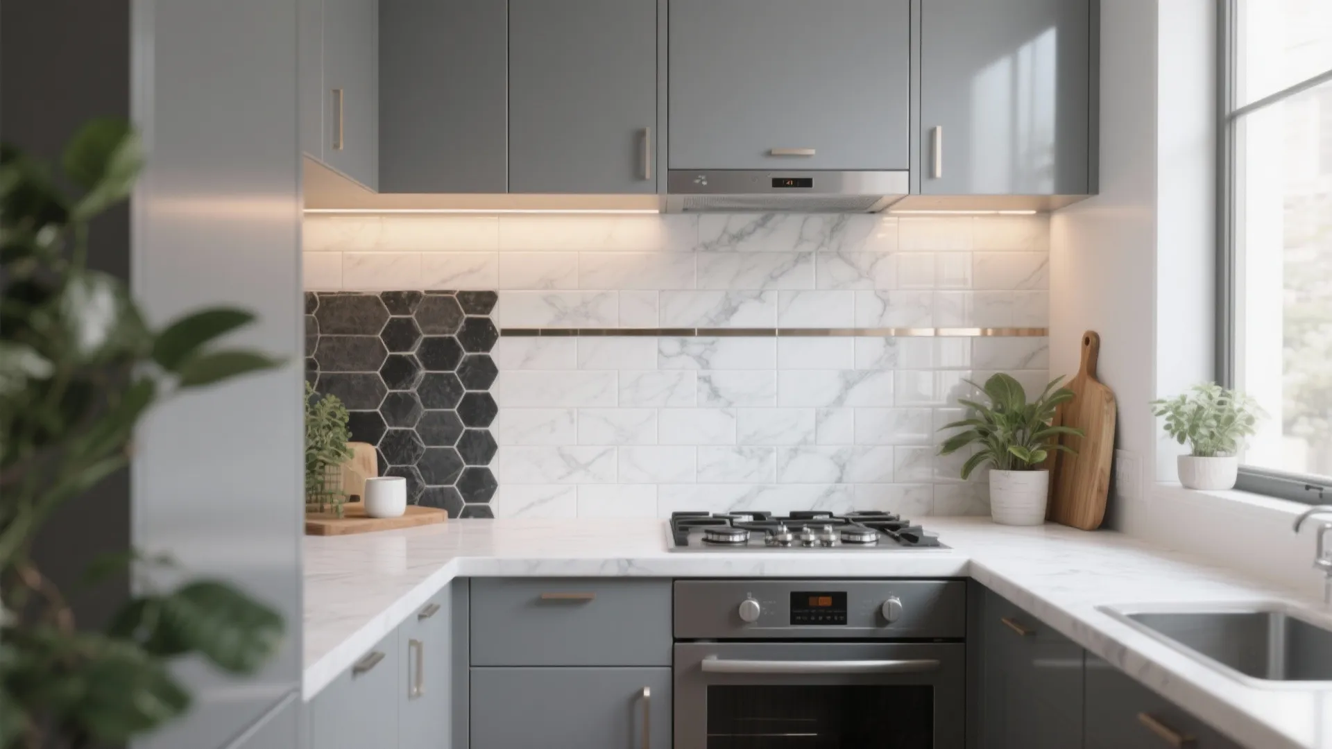 Grey kitchen cabinets with marble countertops, white brick wall tiles, gas stove, and green indoor plants