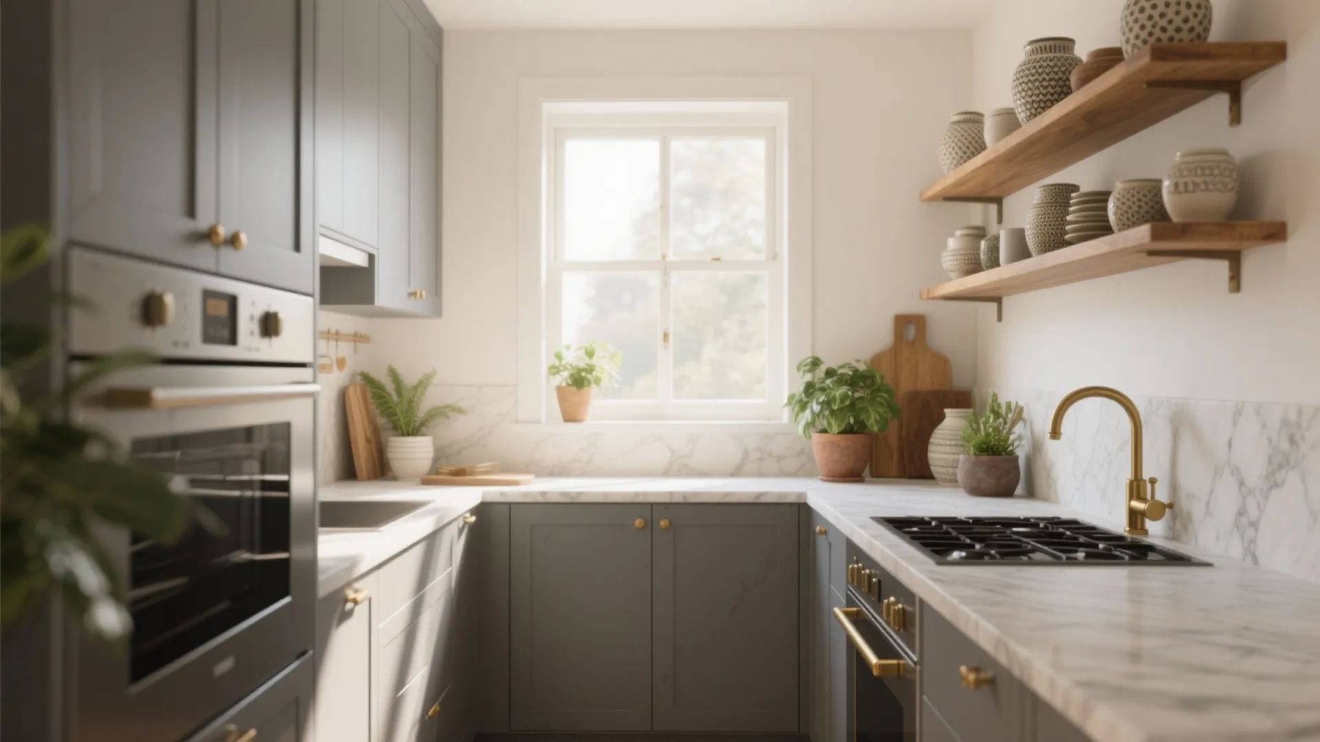 Grey kitchen with marble countertop wood shelves gold faucet gas stove oven and large windows