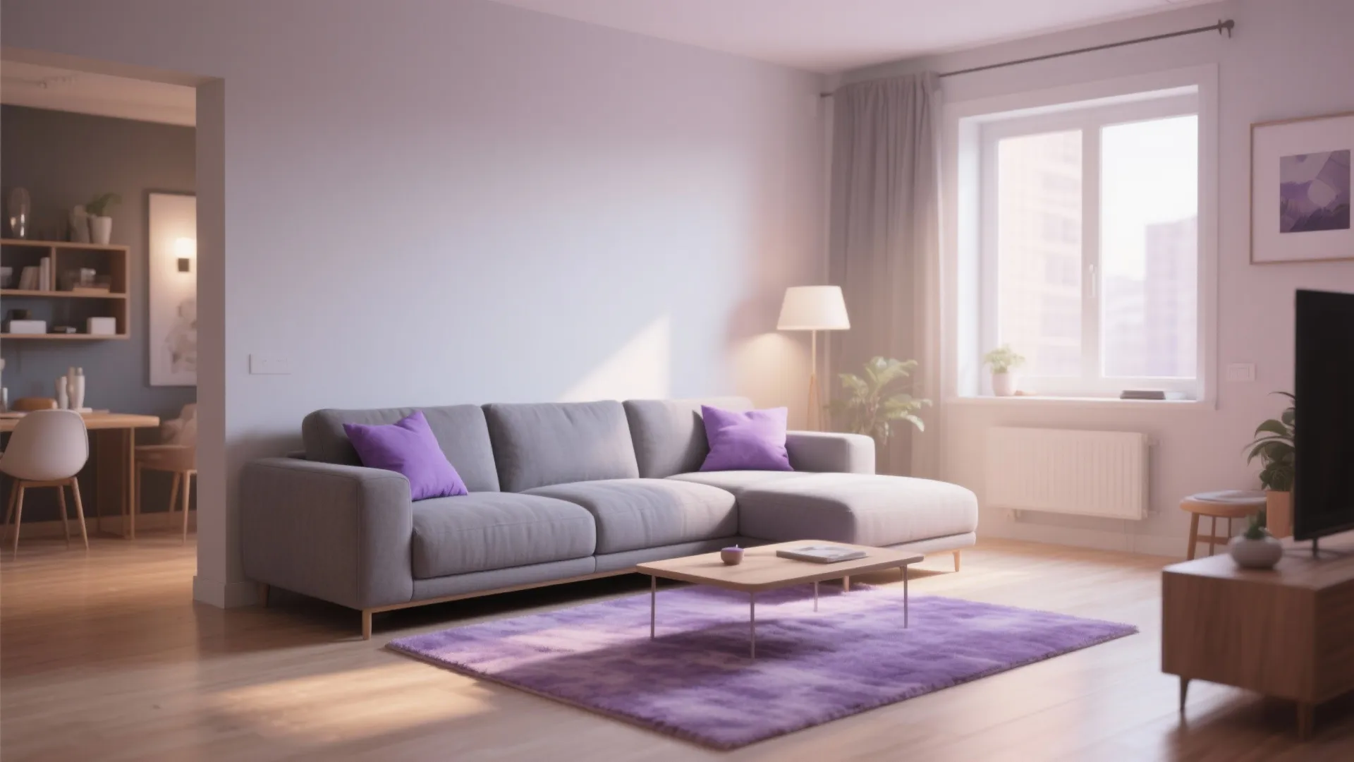 Grey Sofa with Lavender Throw Pillows