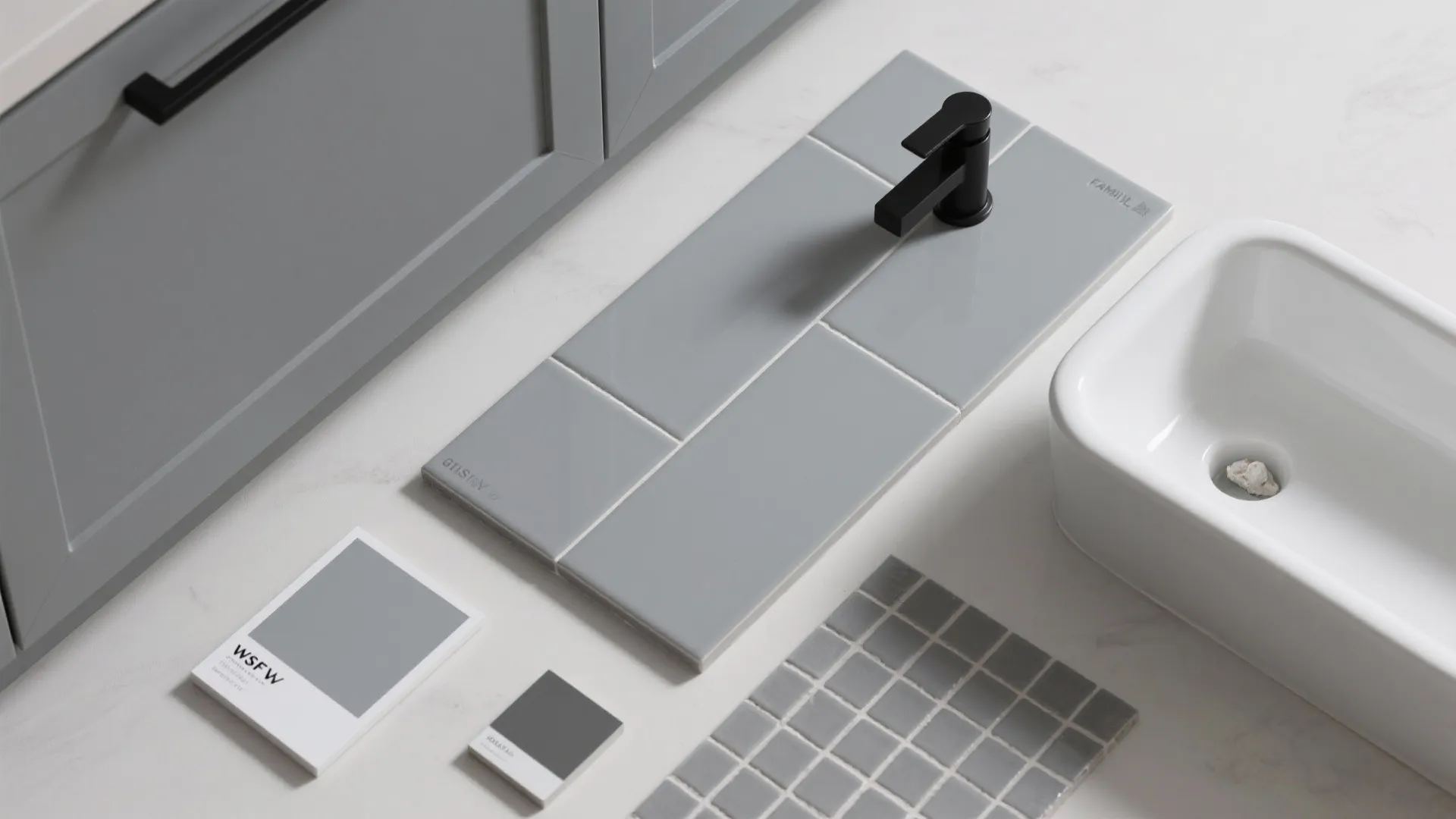 Modern bathroom design flatlay featuring grey wall tiles white sink black faucet and color samples