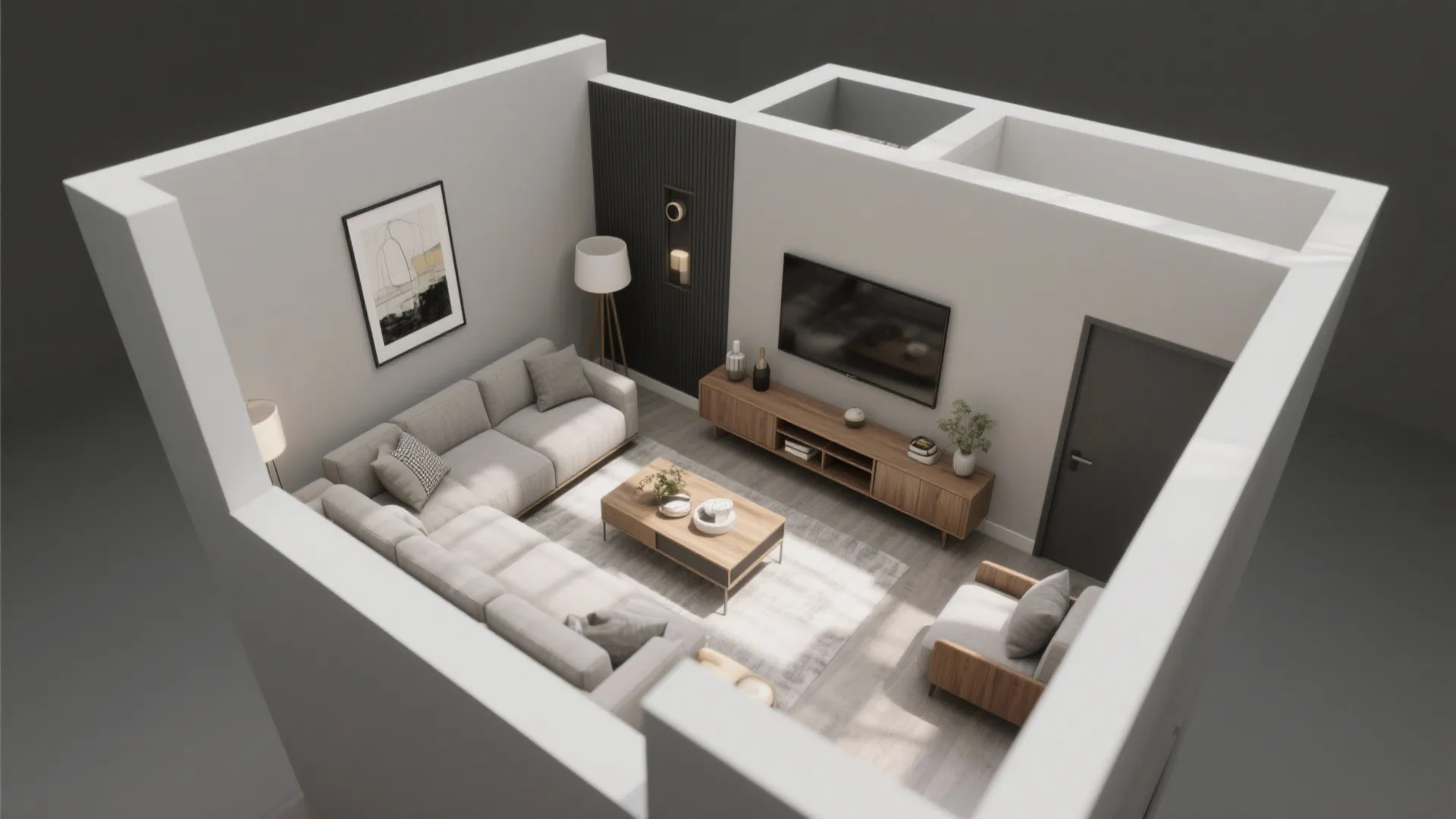 Top down living room layout design with grey sofa wooden coffee table and television cabinet
