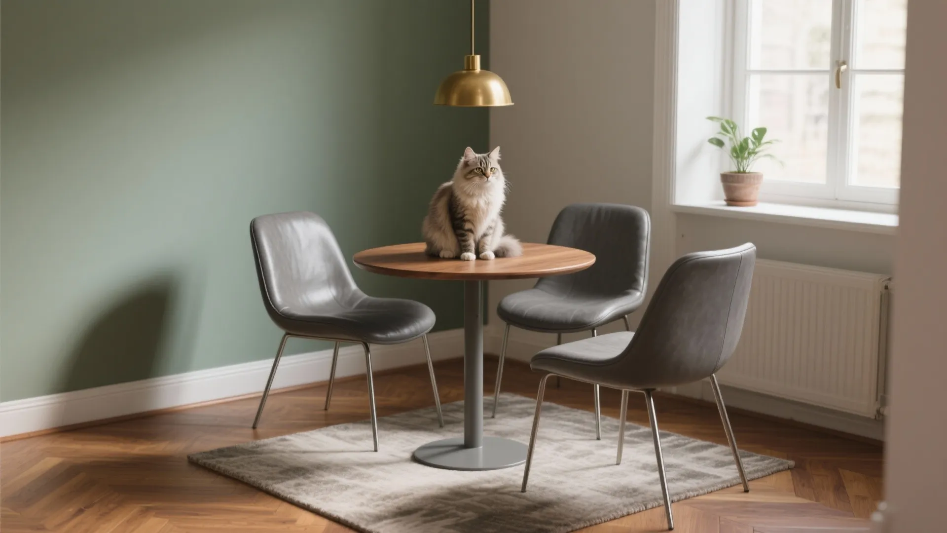 Modern dining area featuring a round wooden table three grey chairs and a fluffy cat