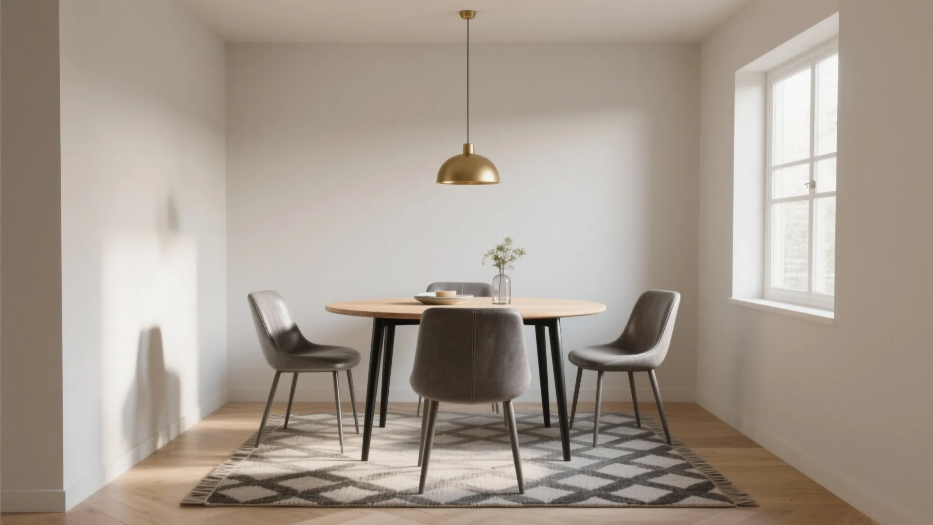 Round wooden dining table with grey chairs on a patterned rug under a gold light