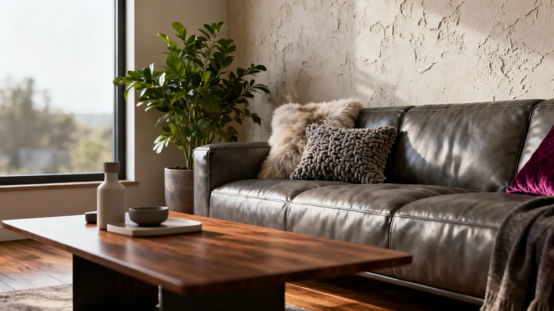 Grey leather sofa featuring textured pillows beside a wooden coffee table and a green plant