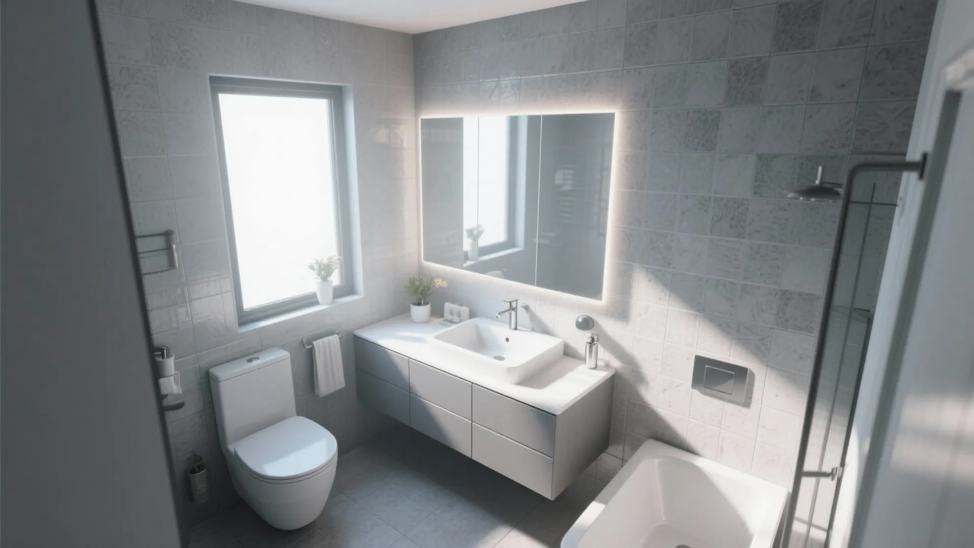 Bright bathroom featuring grey tiles large backlit mirror white vanity toilet bathtub and sunny window