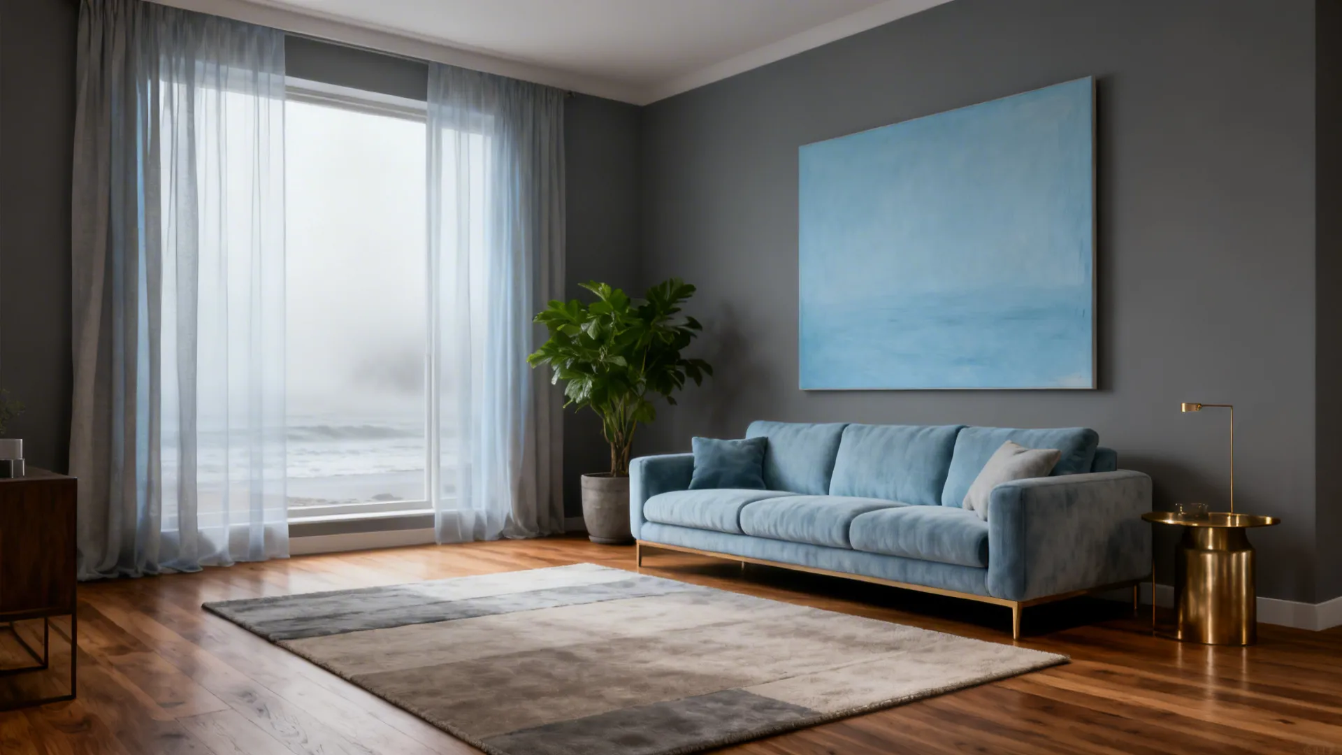 Modern living room with blue sofa, large wall painting, wood floor, and sea view window.