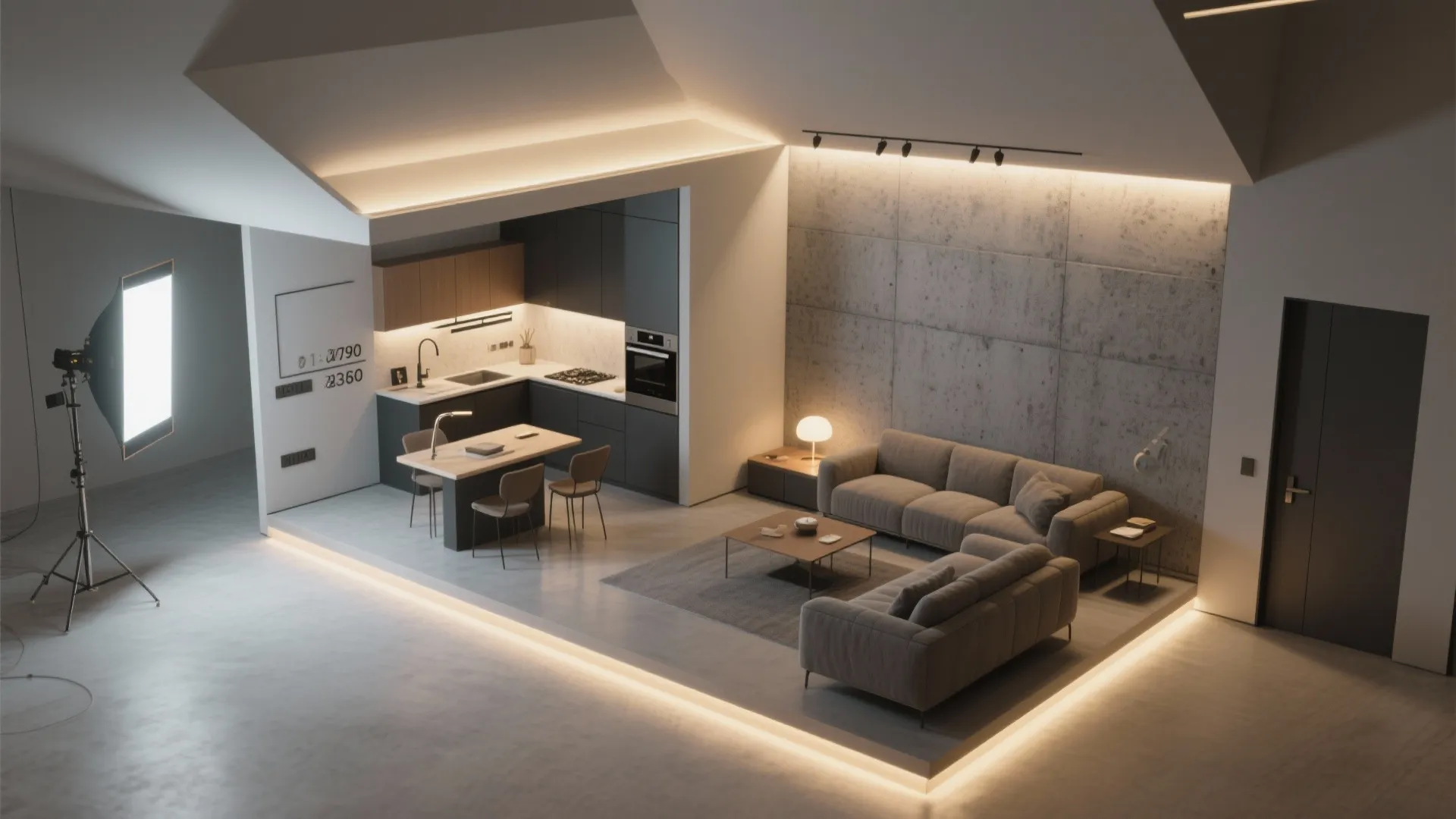 Modern interior design drawing showing kitchen and living room layout with warm lights and sofas
