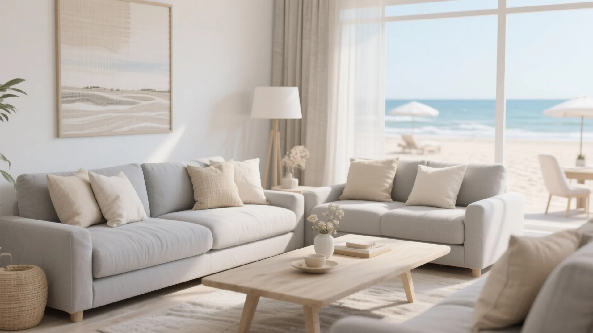 Light grey upholstered sofa with sandy linen cushions in coastal living room