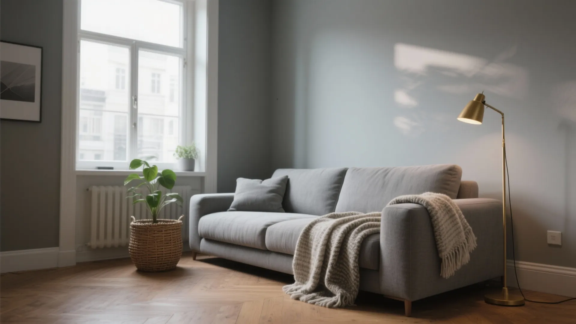 Modern grey sofa with blanket beside a gold floor lamp and green plant in basket