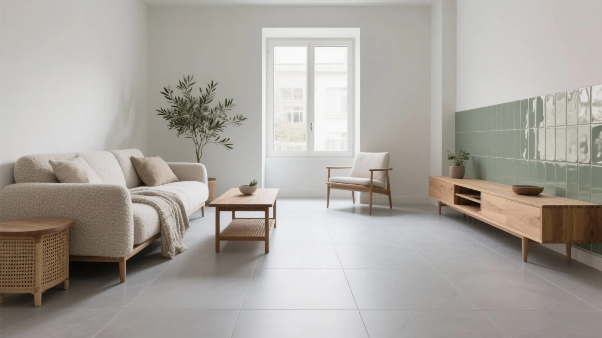 Bright living room with cream sofa, wooden cabinet, green wall tiles, and large white window