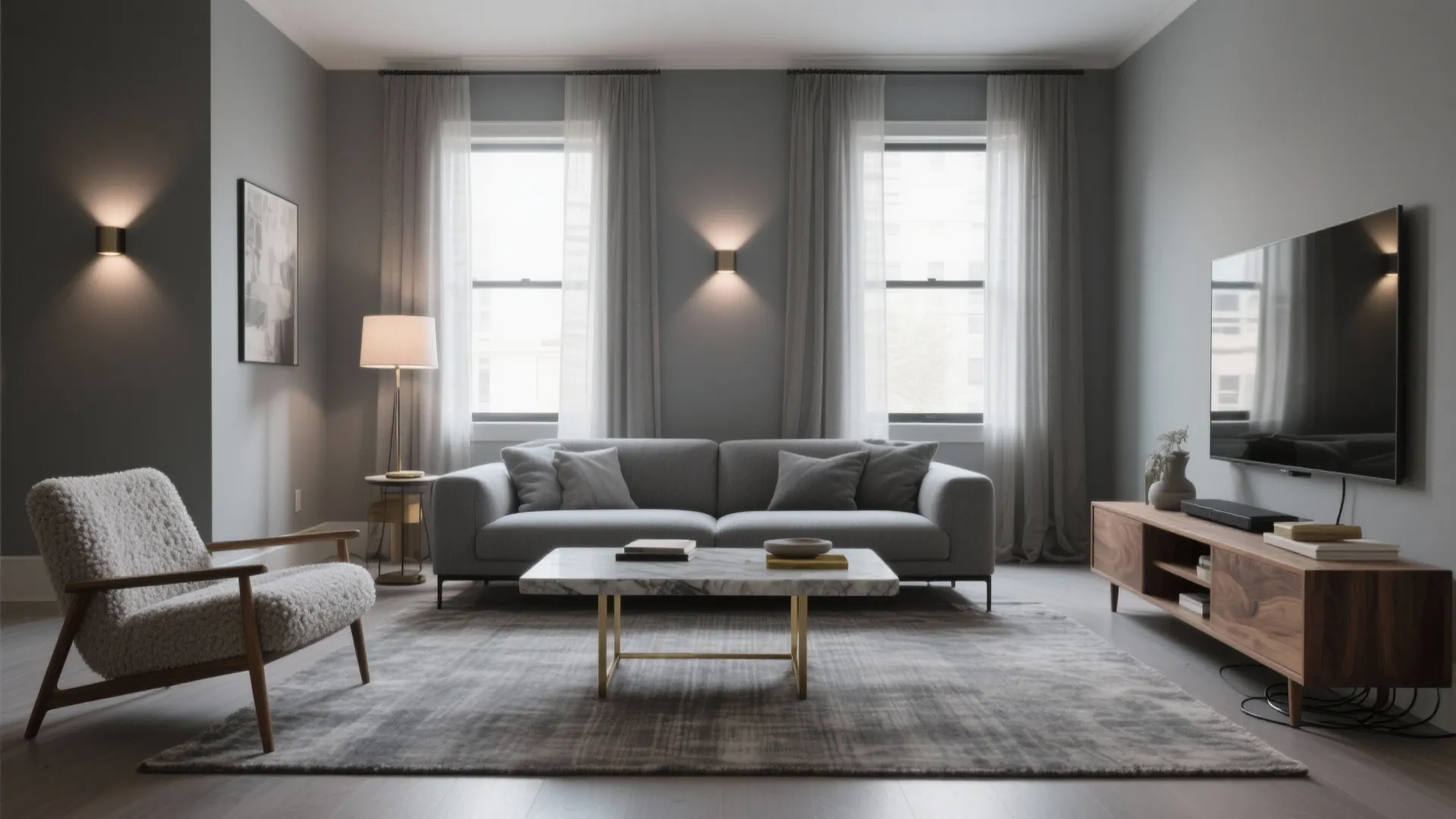 Modern grey living room with large sofa marble coffee table wooden cabinet and wall lights