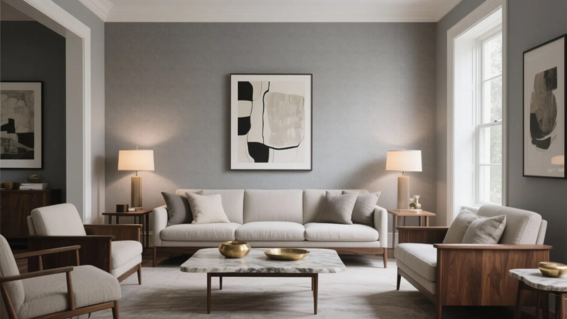 Modern grey living room with white sofa marble coffee table two armchairs and wall light