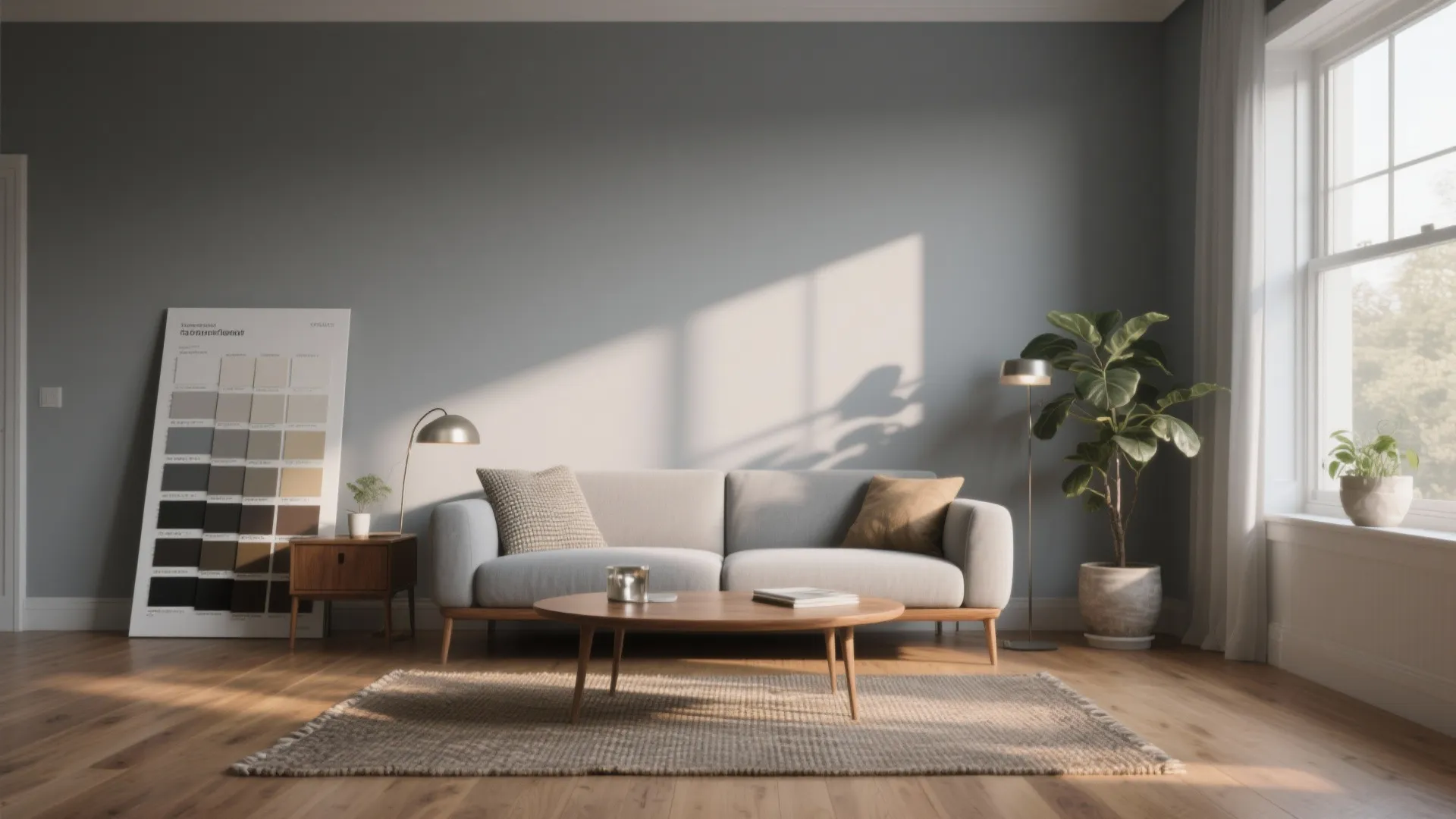 Modern grey living room featuring sofa wooden coffee table floor lamp green plant and colors