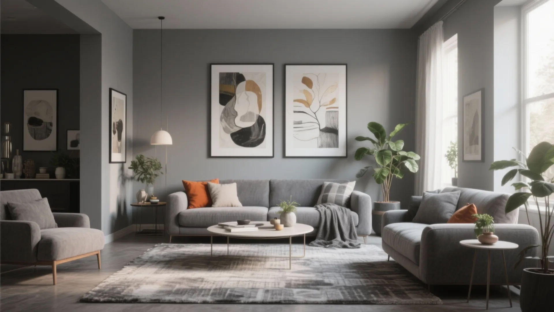 Elegant grey living room featuring two sofas with orange cushions and abstract framed wall art