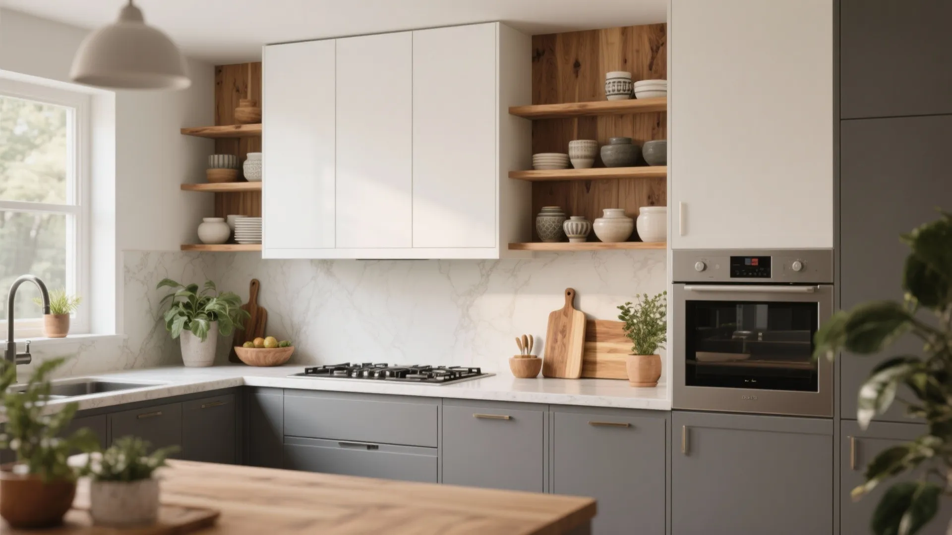 4. Grey Lower Cabinets and White Upper Cabinets with Wood Accents